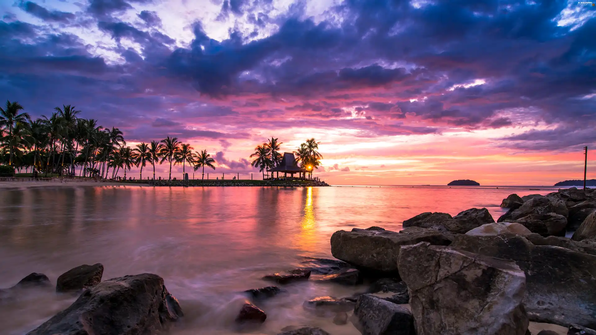 Stones, Palms, west, sun, sea