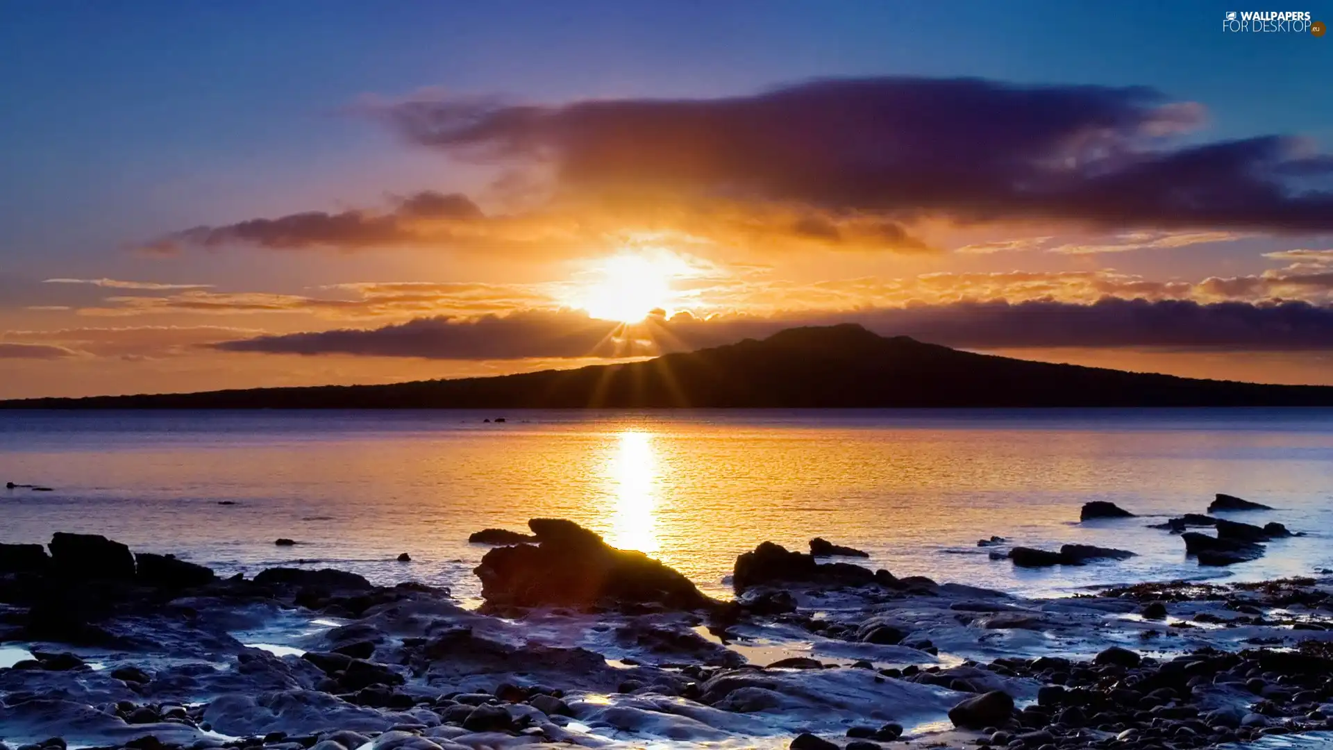 Stones, reflection, west, sun, lake