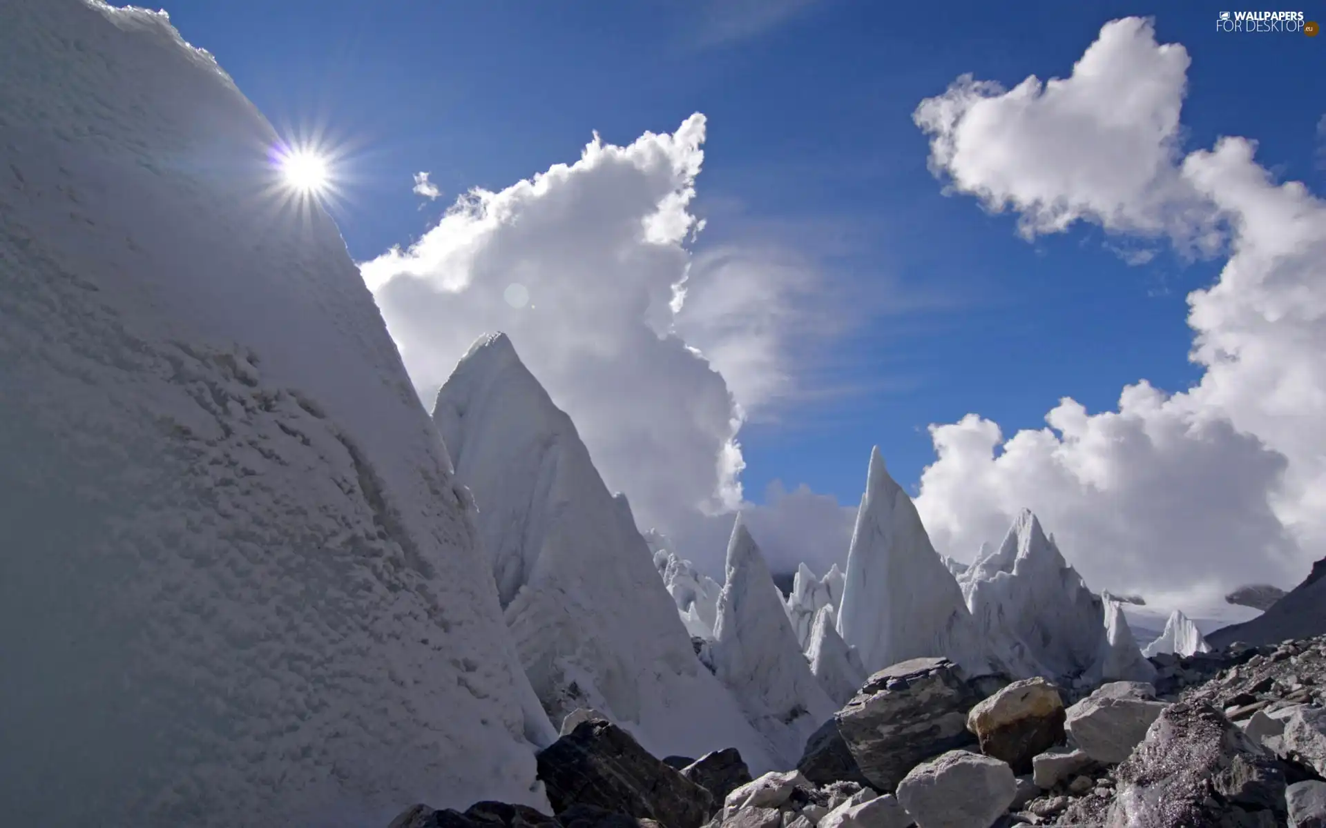 Stones, Stones rocks, clouds, sun, Mountains