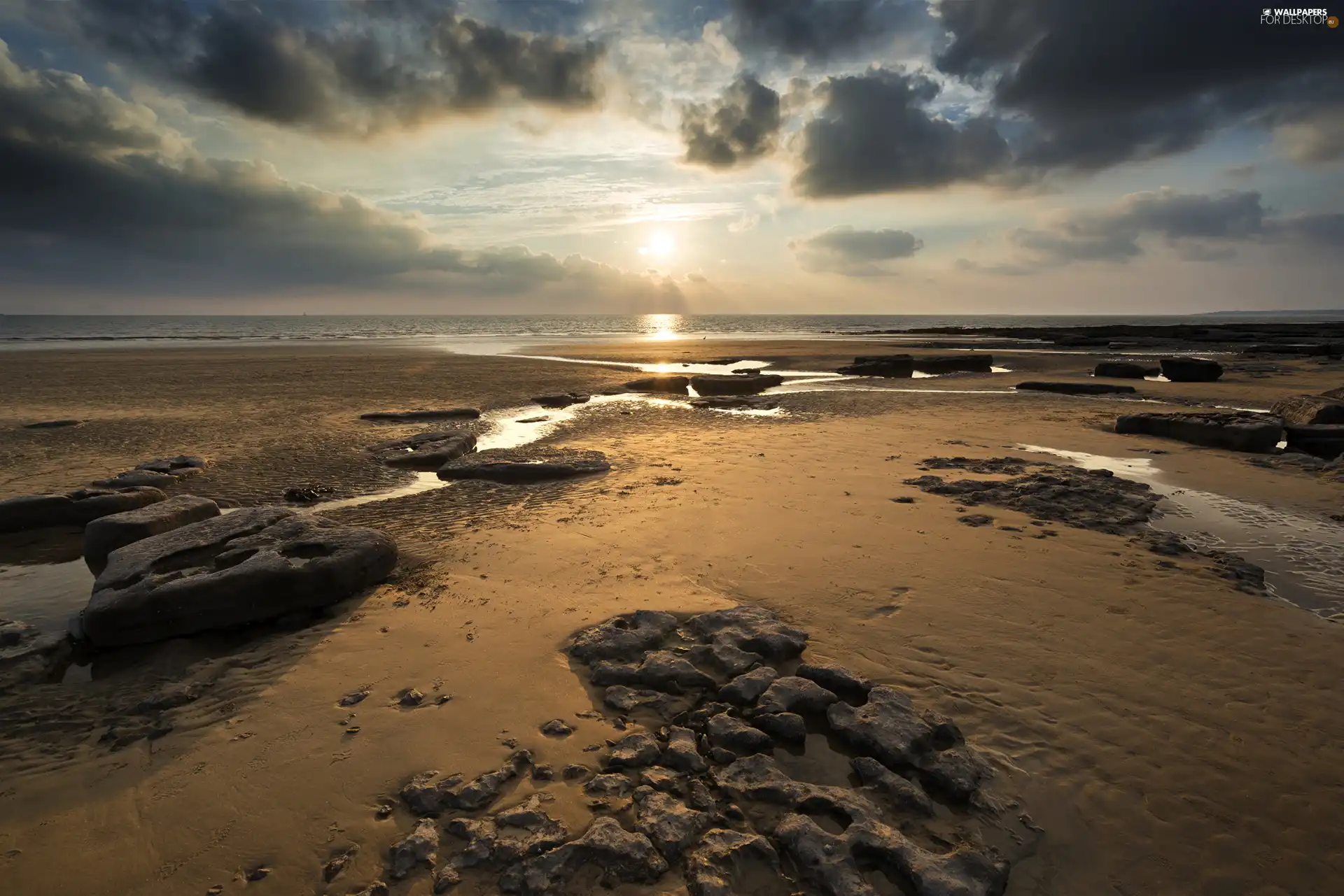 Sunrise, Dunraven Bay Beach, Sky, Stones, wales, sea, clouds