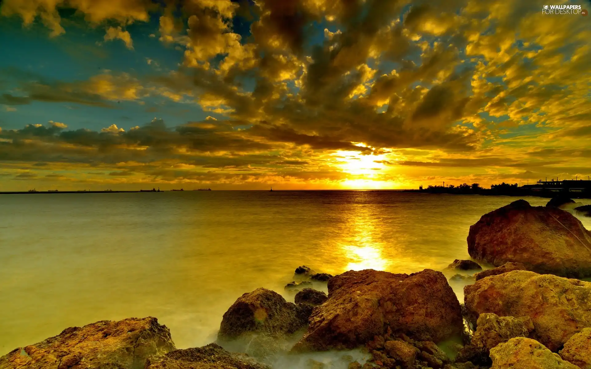 Great Sunsets, lake, Stones