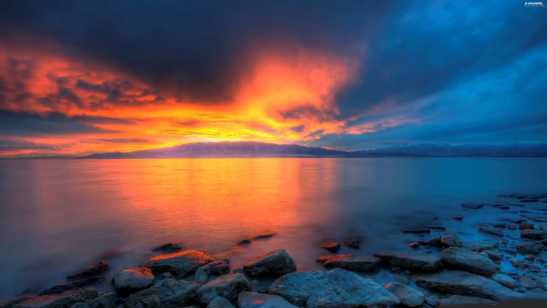 Great Sunsets, lake, Stones