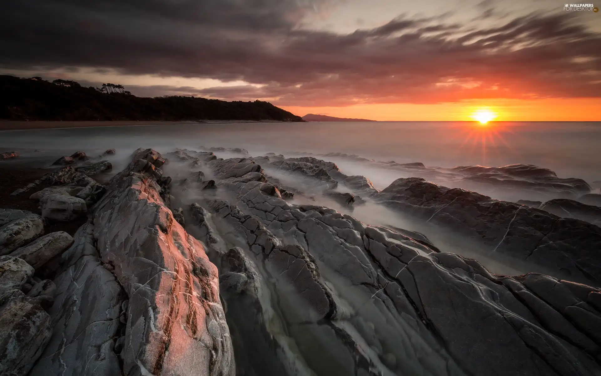 Stones, sea, trees, viewes, clouds, Great Sunsets