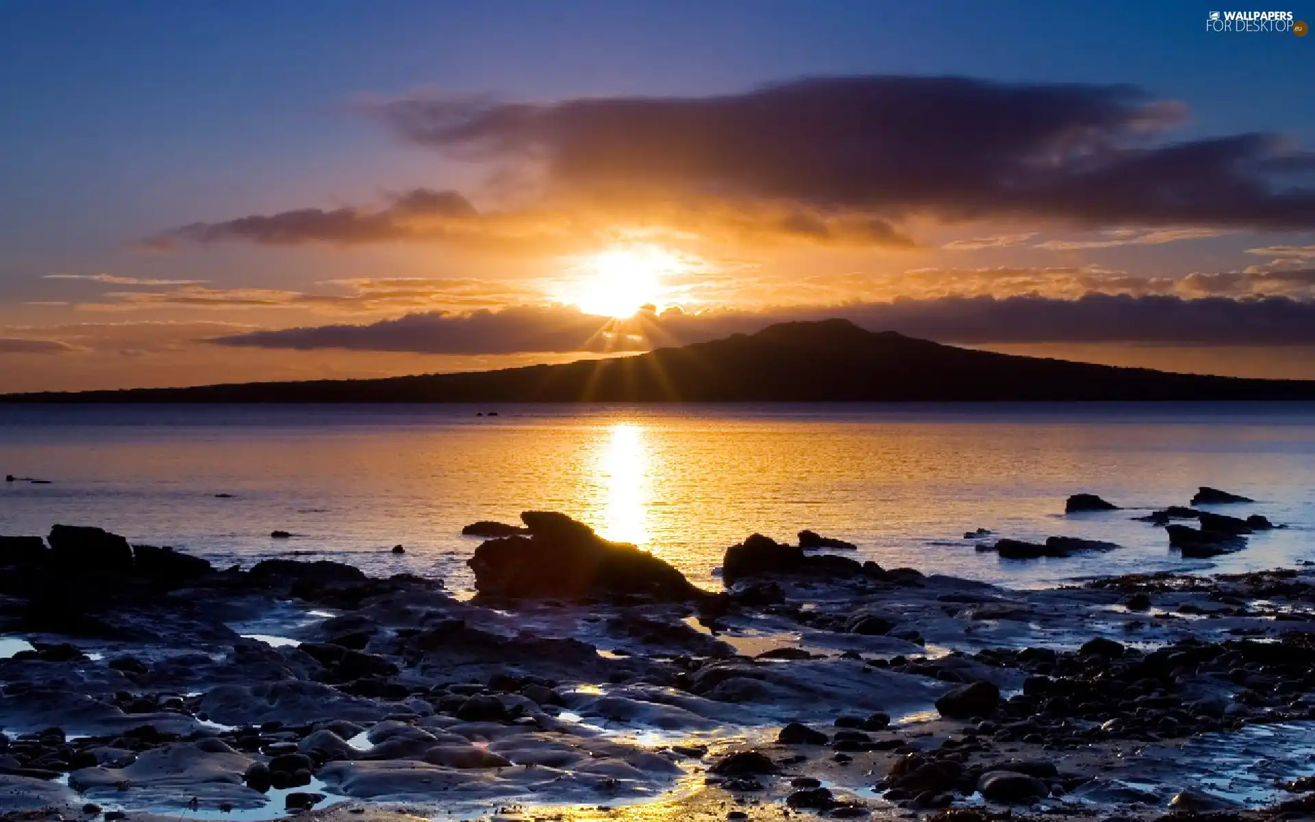 west, lake, Stones, sun