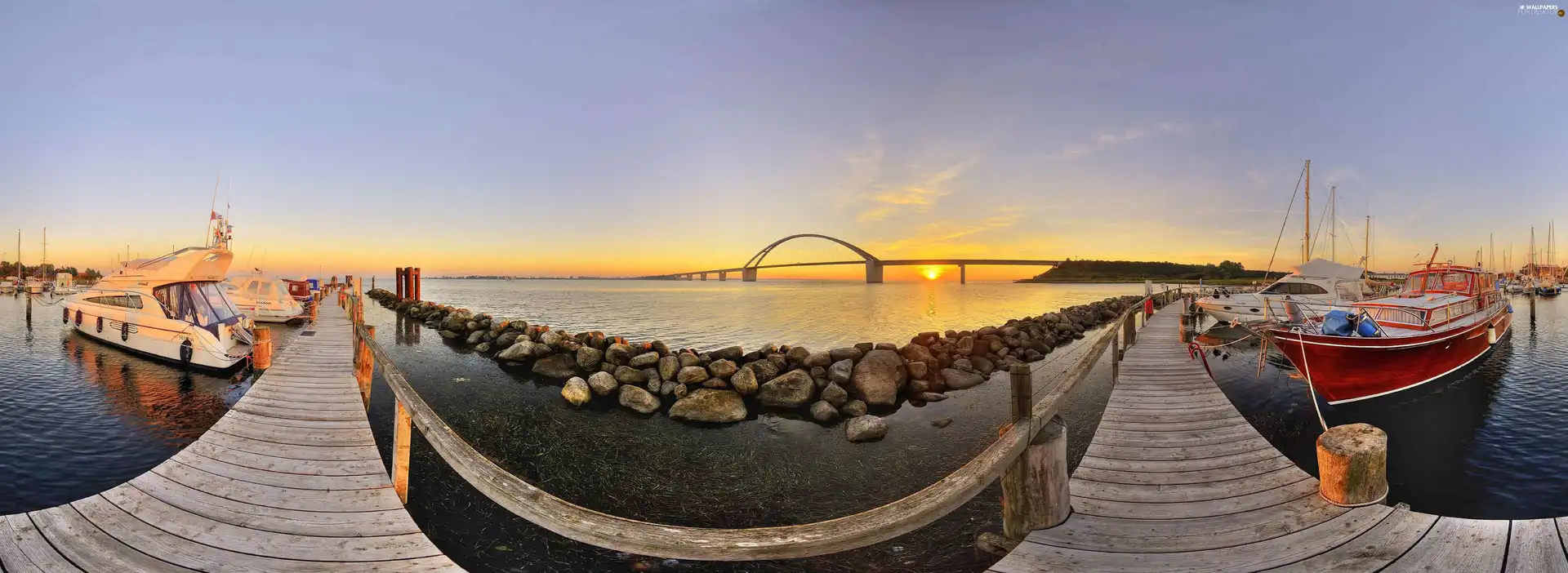 west, pier, Stones, sun