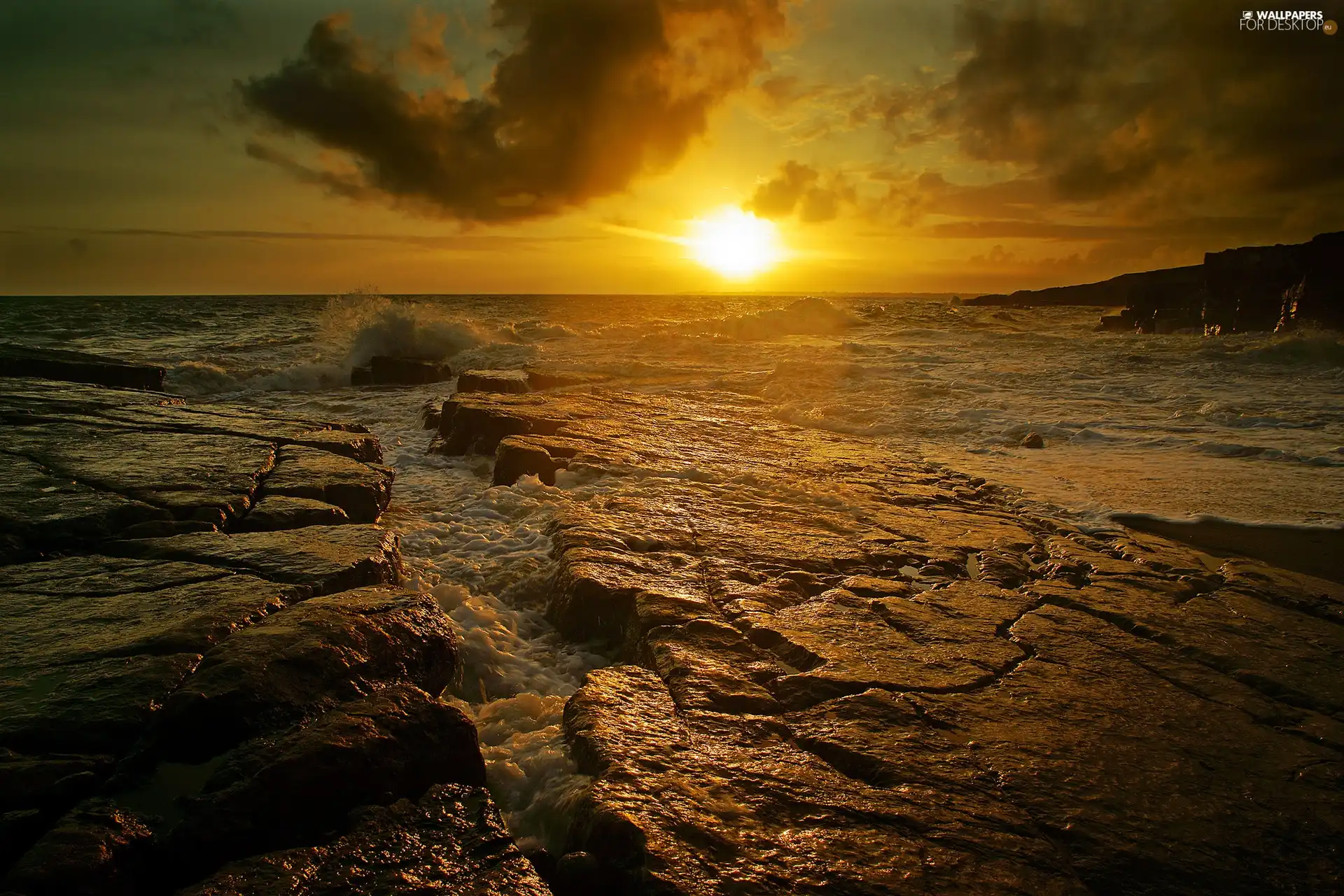 west, sea, Stones rocks, sun