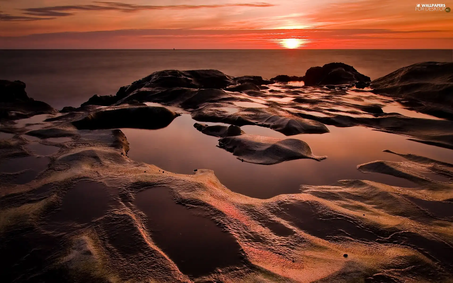 west, sea, Stones rocks, sun