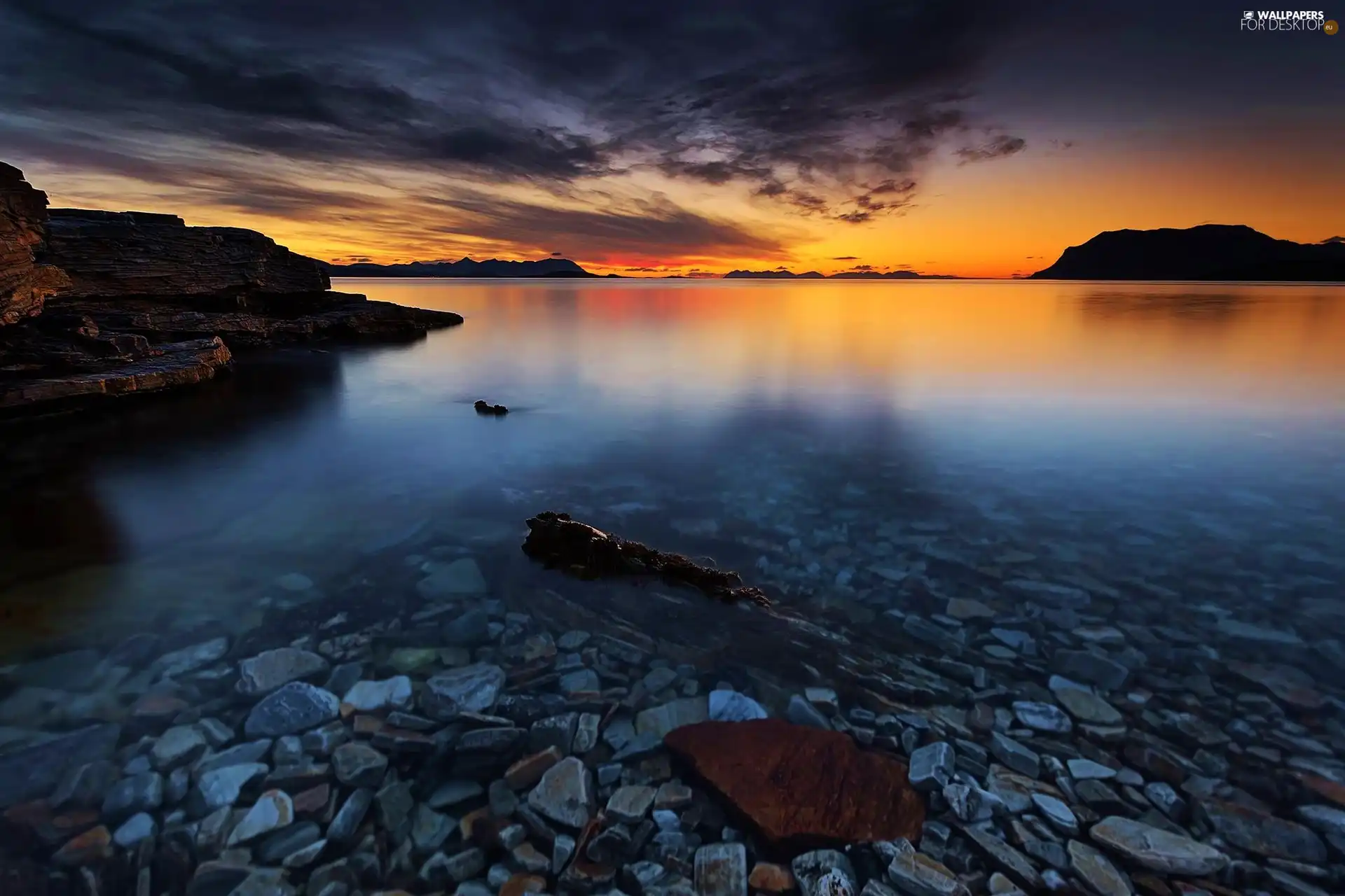 west, sea, Stones, sun