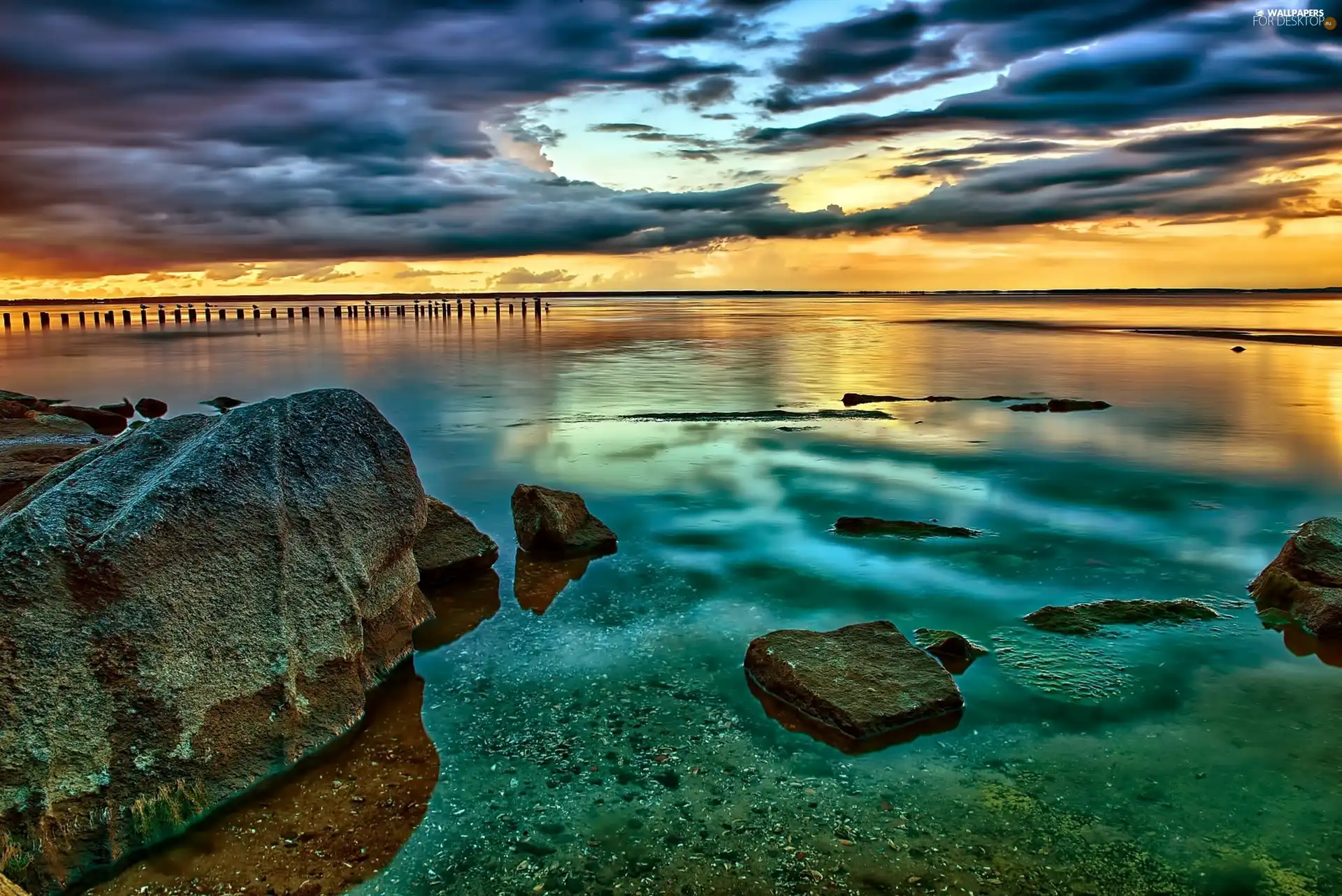 west, sea, Stones, sun