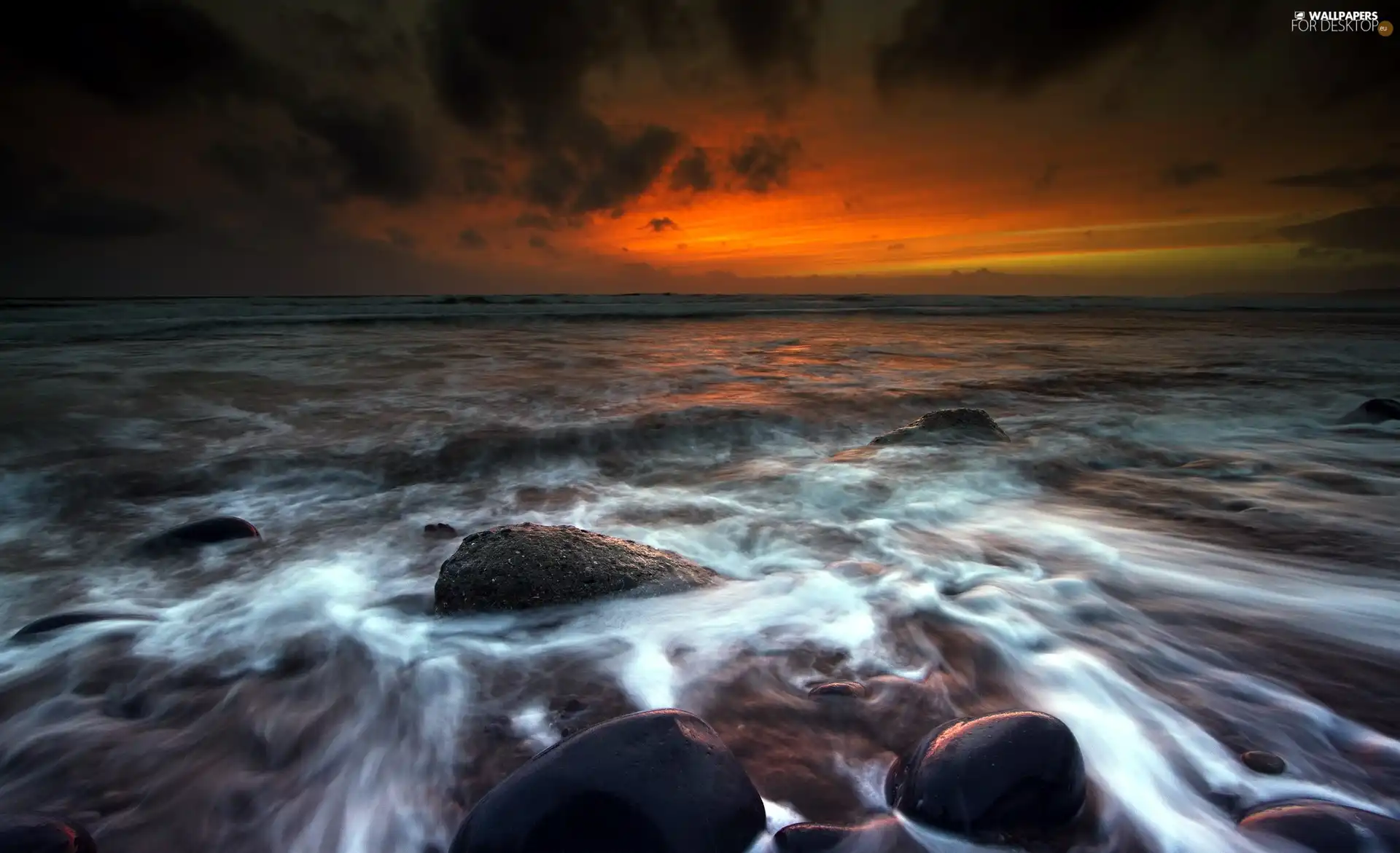 west, sea, Stones, sun