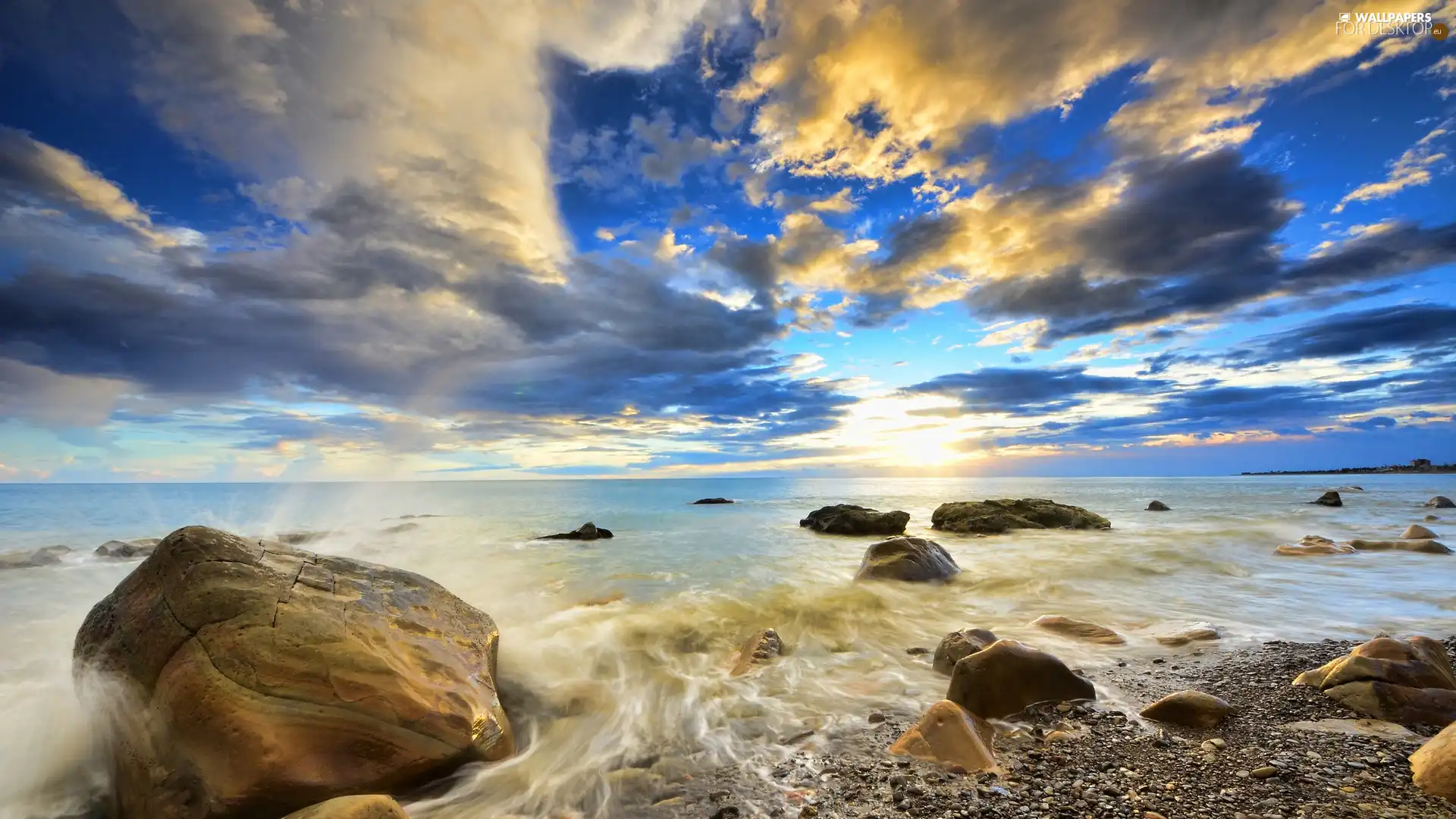 west, sea, Stones, sun