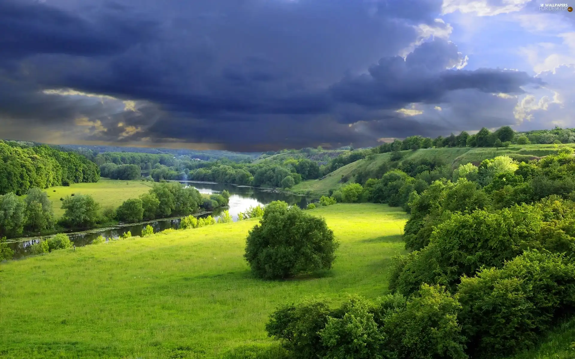 viewes, River, storm, Sky, Meadow, trees