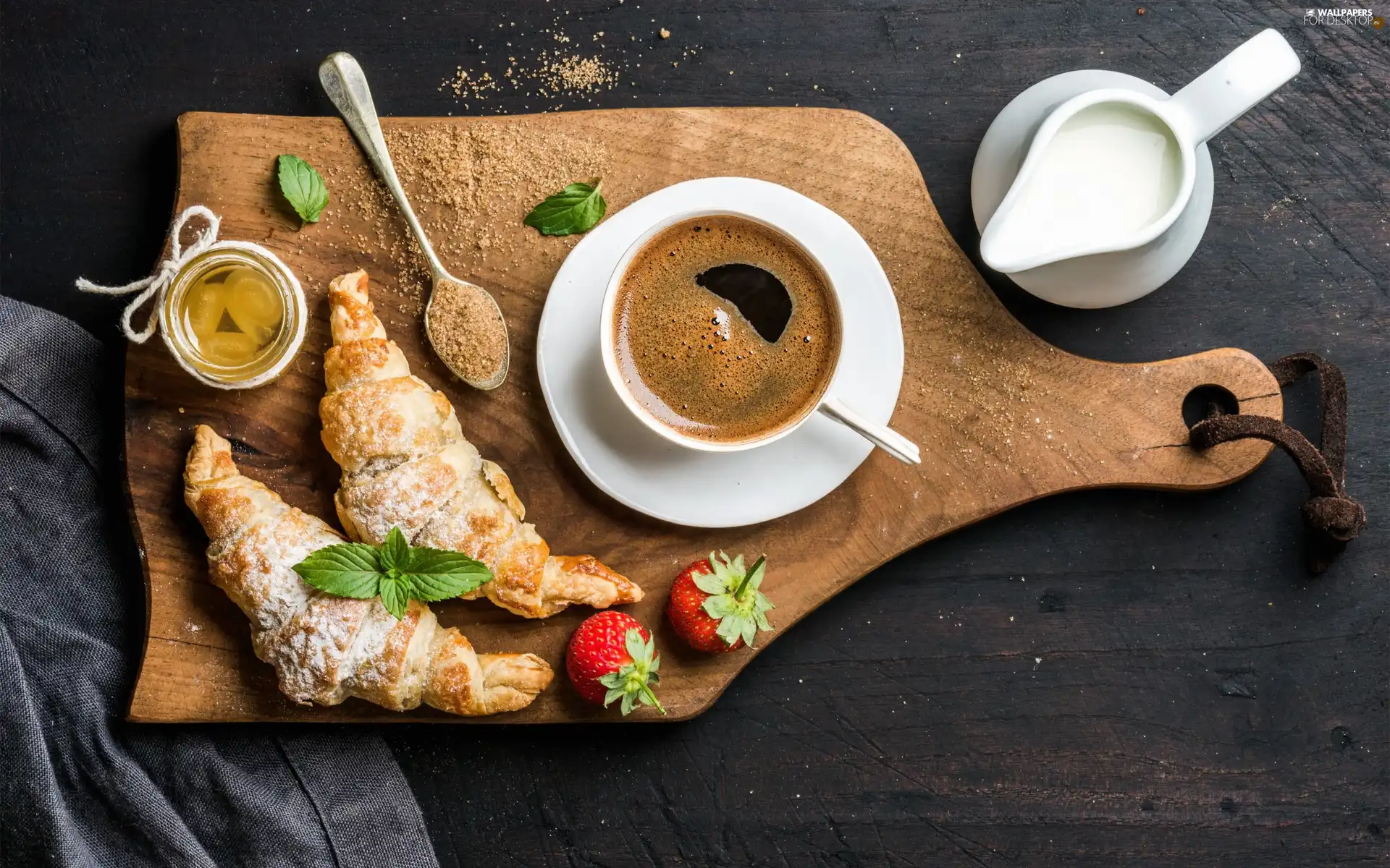 jug, milk, board, croissants, Jam, coffee, cup, strawberries