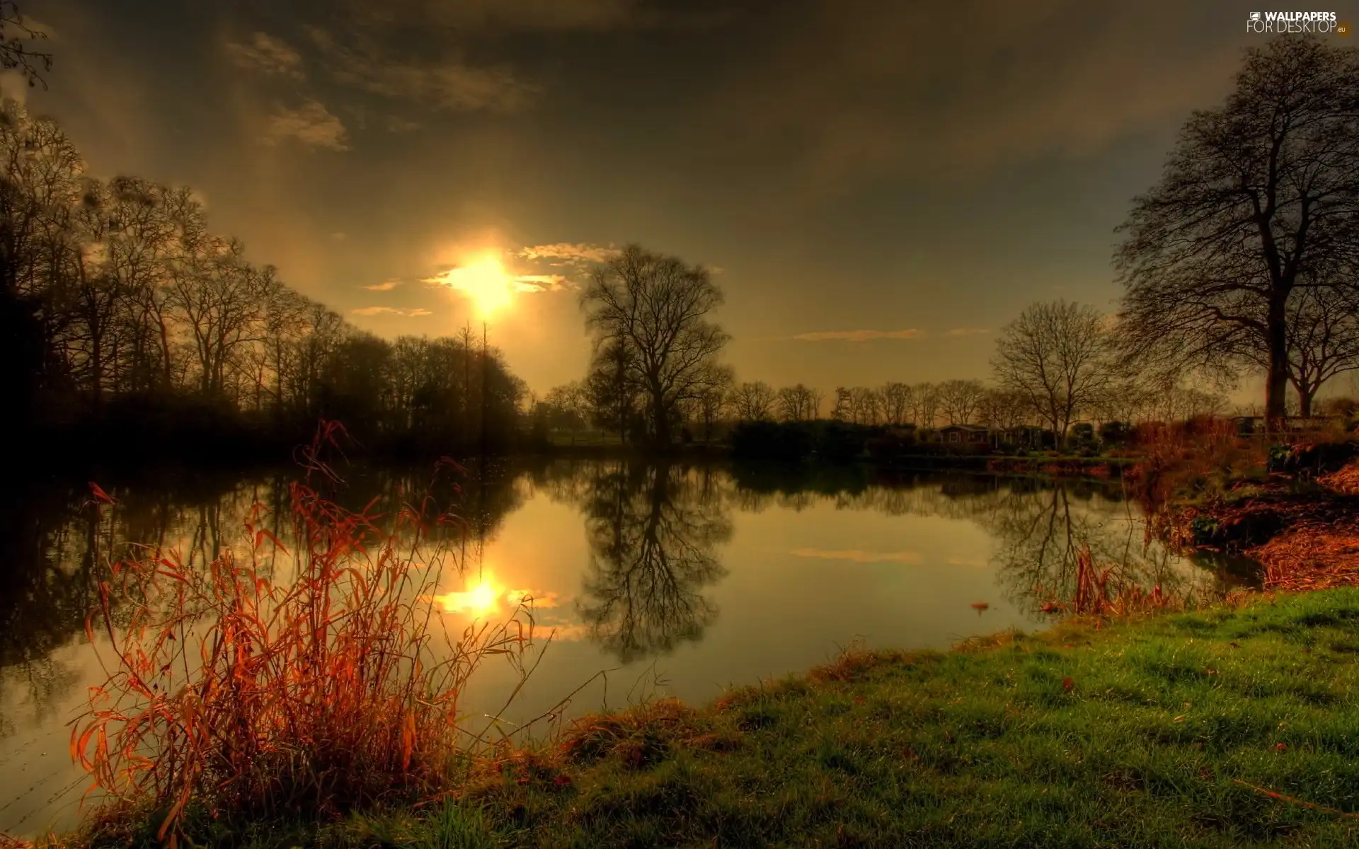 autumn, west, sun, lake