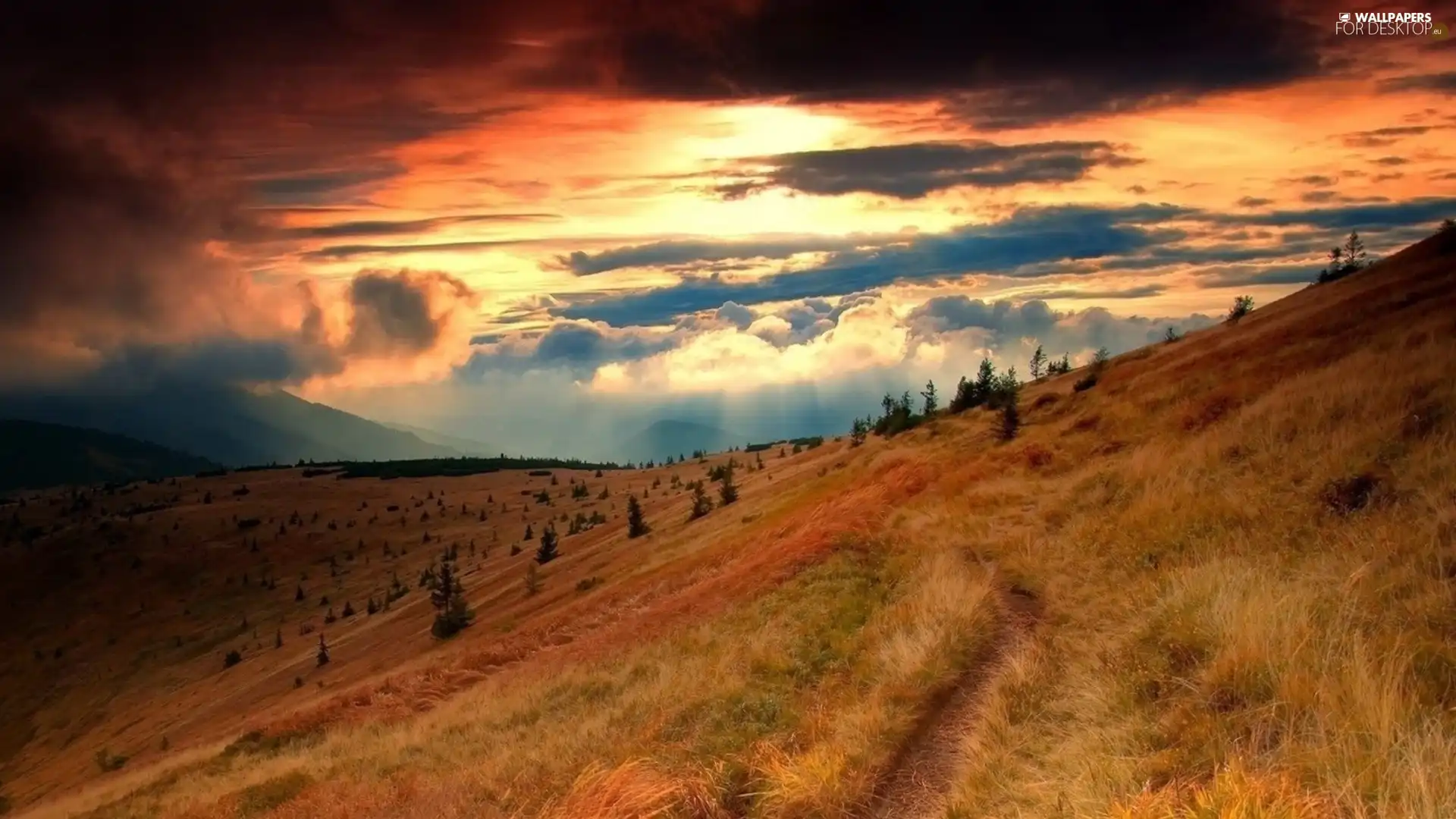 sun, clouds, Valley, west, Mountains