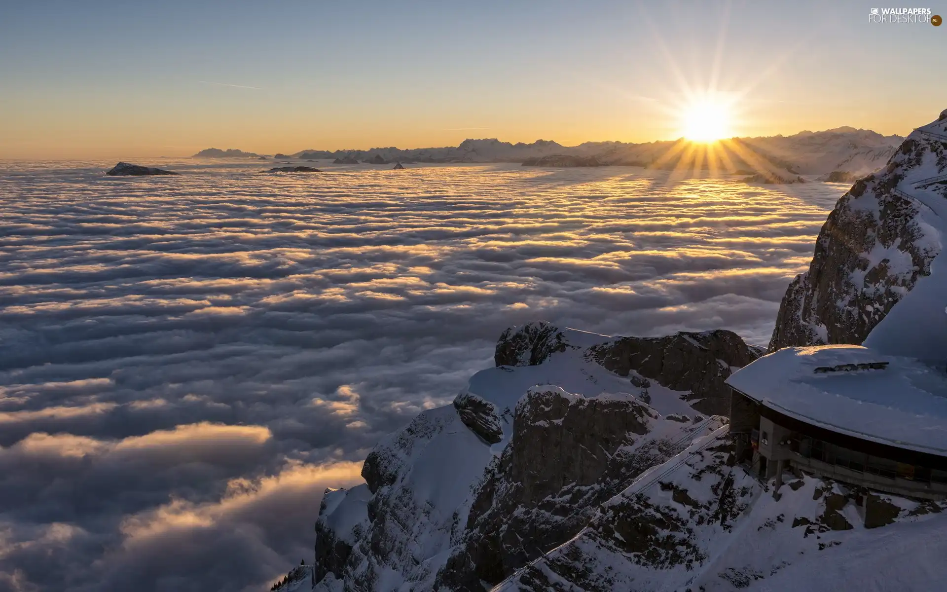 clouds, rays, sun, Mountains