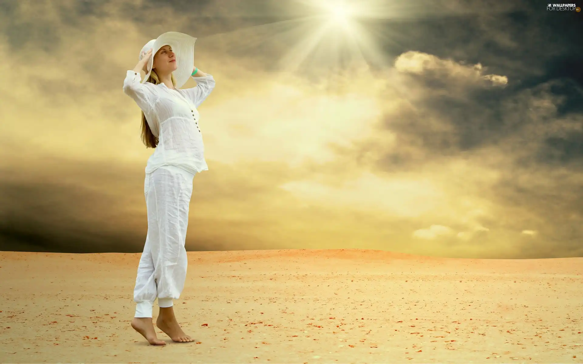 Desert, Women, sun, clouds, rays, Hat