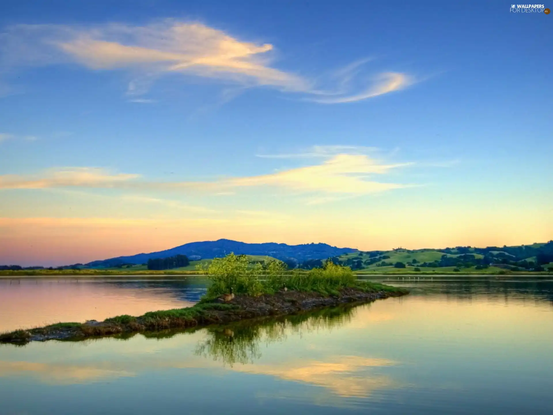 lake, west, sun, Islet