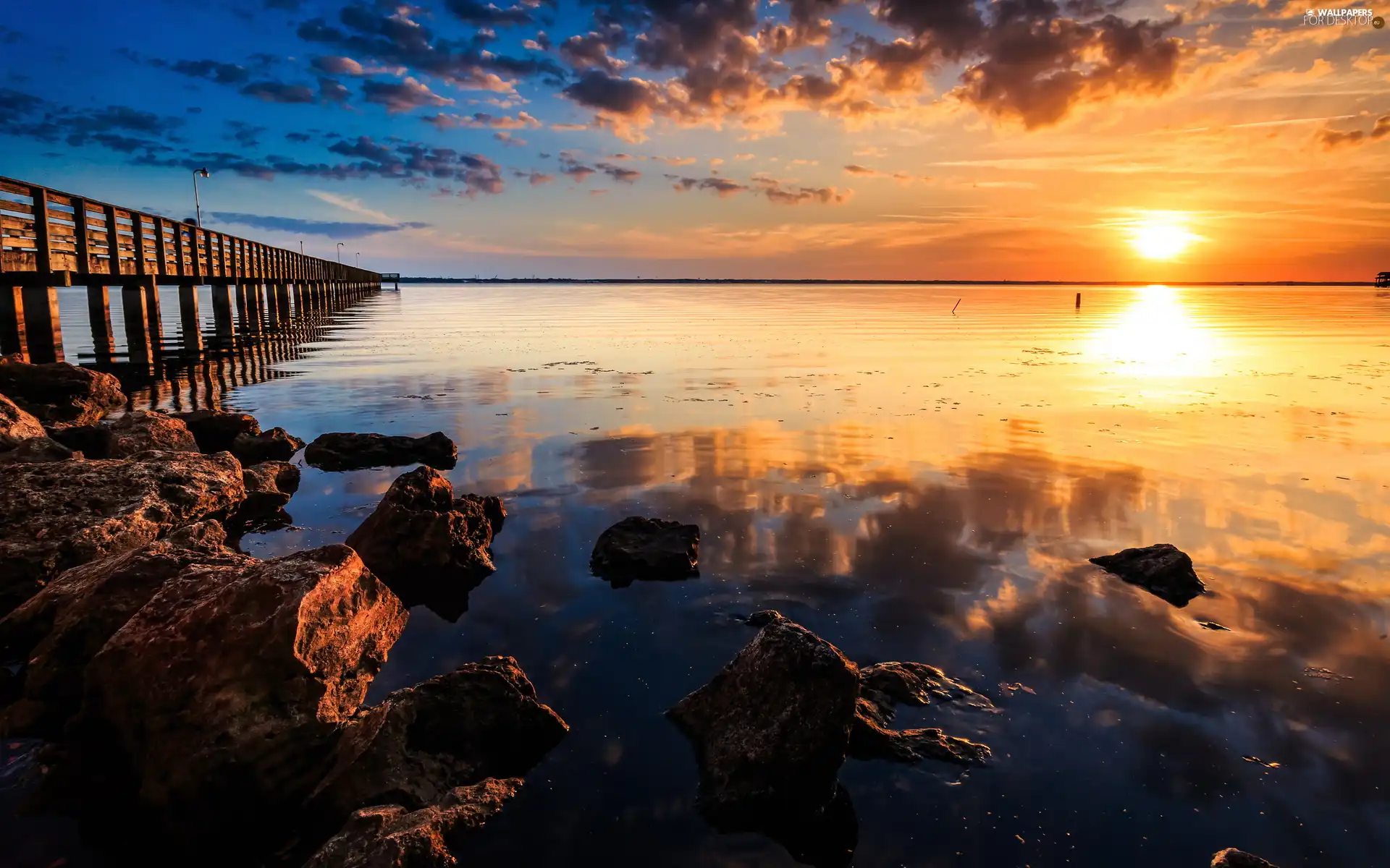 lake, west, sun, Stones