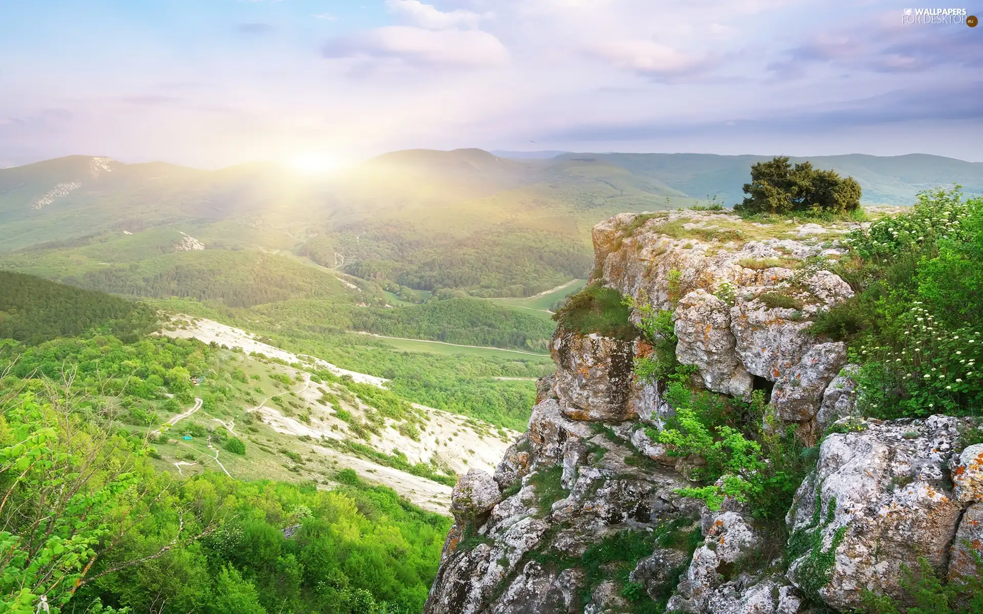 Mountains, rays, sun, rocks