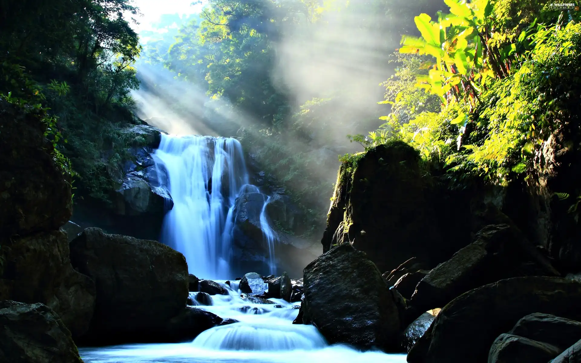 sun, waterfall, rays