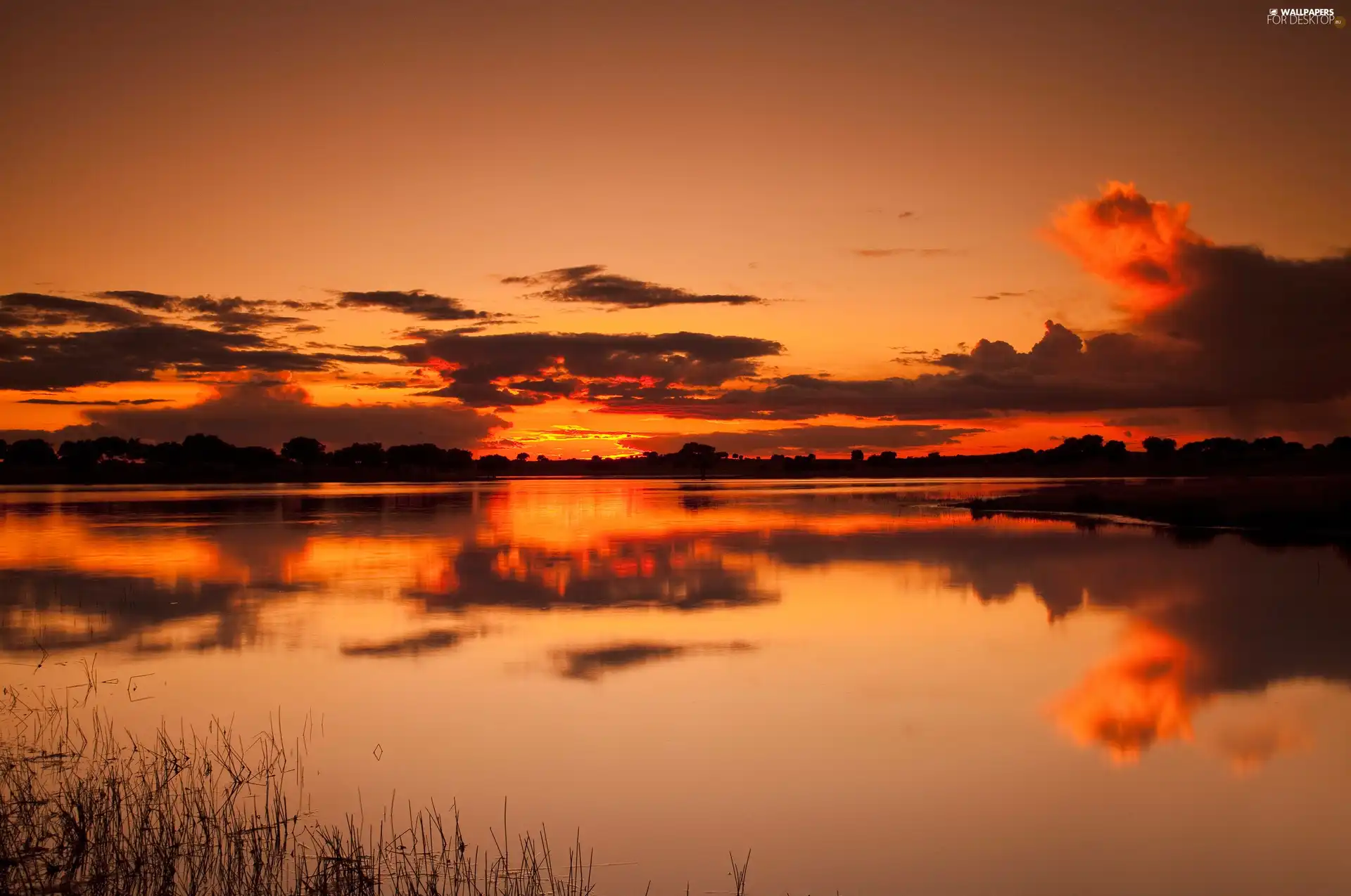 sun, reflection, clouds, west, lake