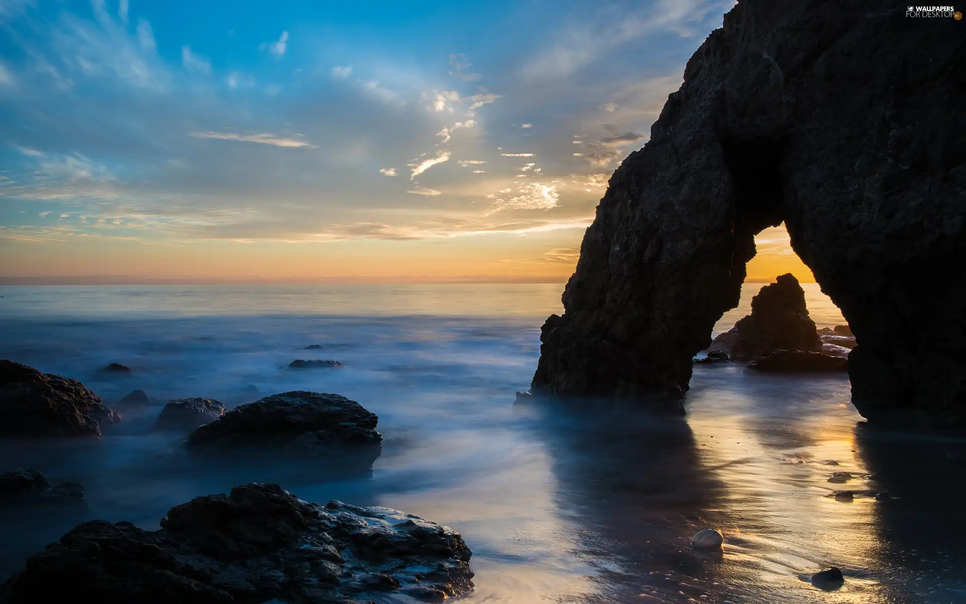 rocks, west, sun, Ocean