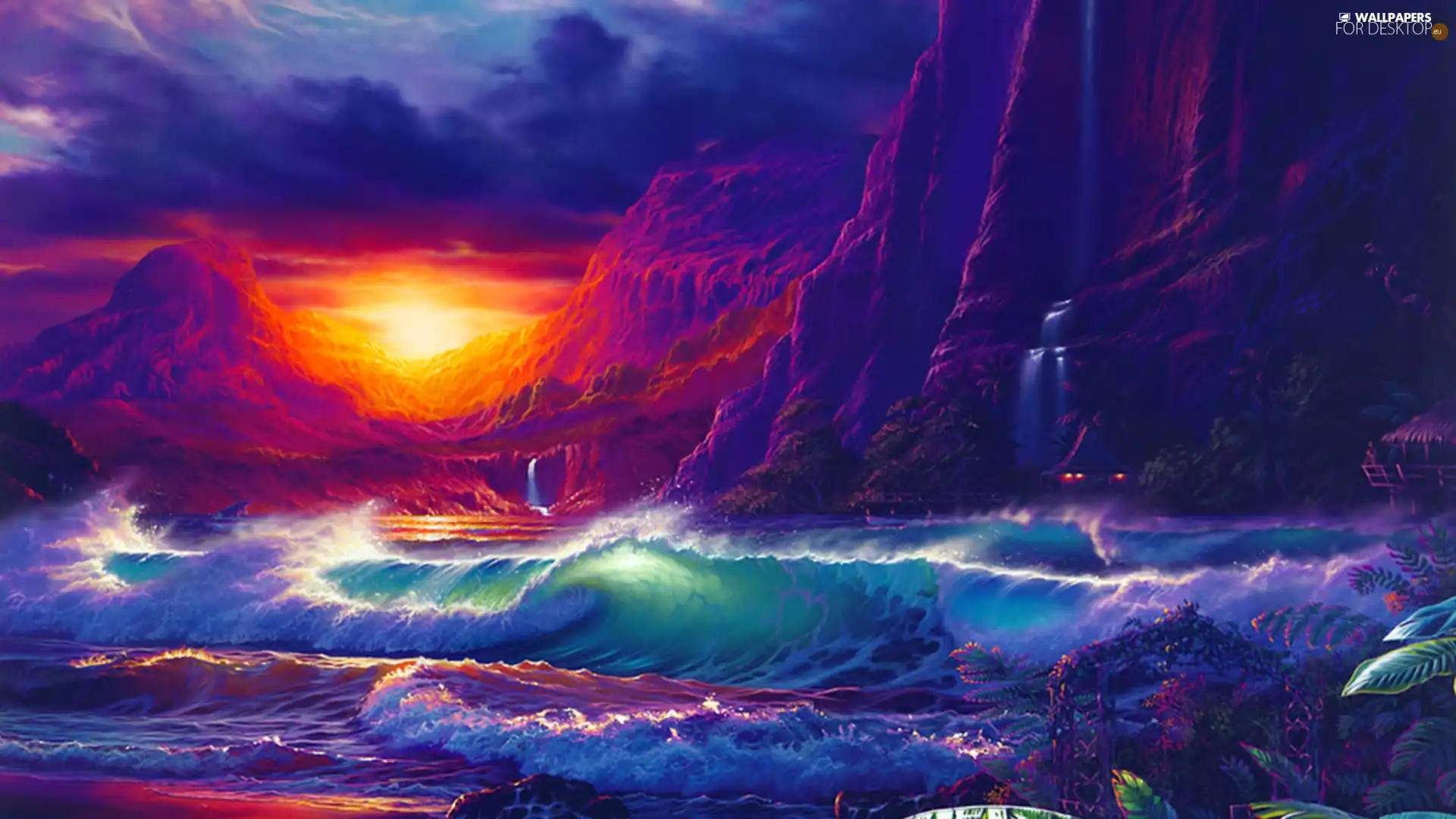 sea, west, sun, Mountains