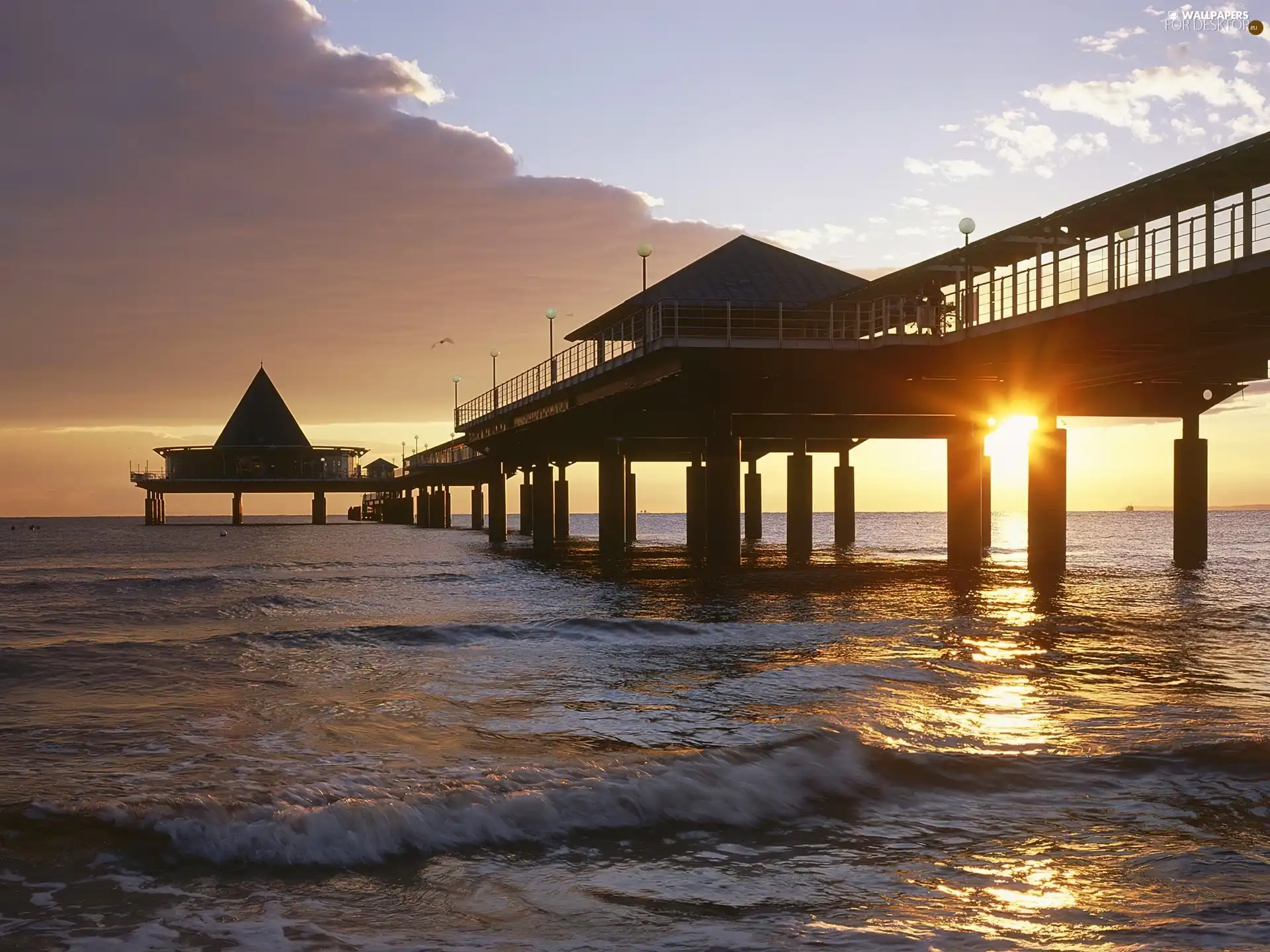 sea, west, sun, pier