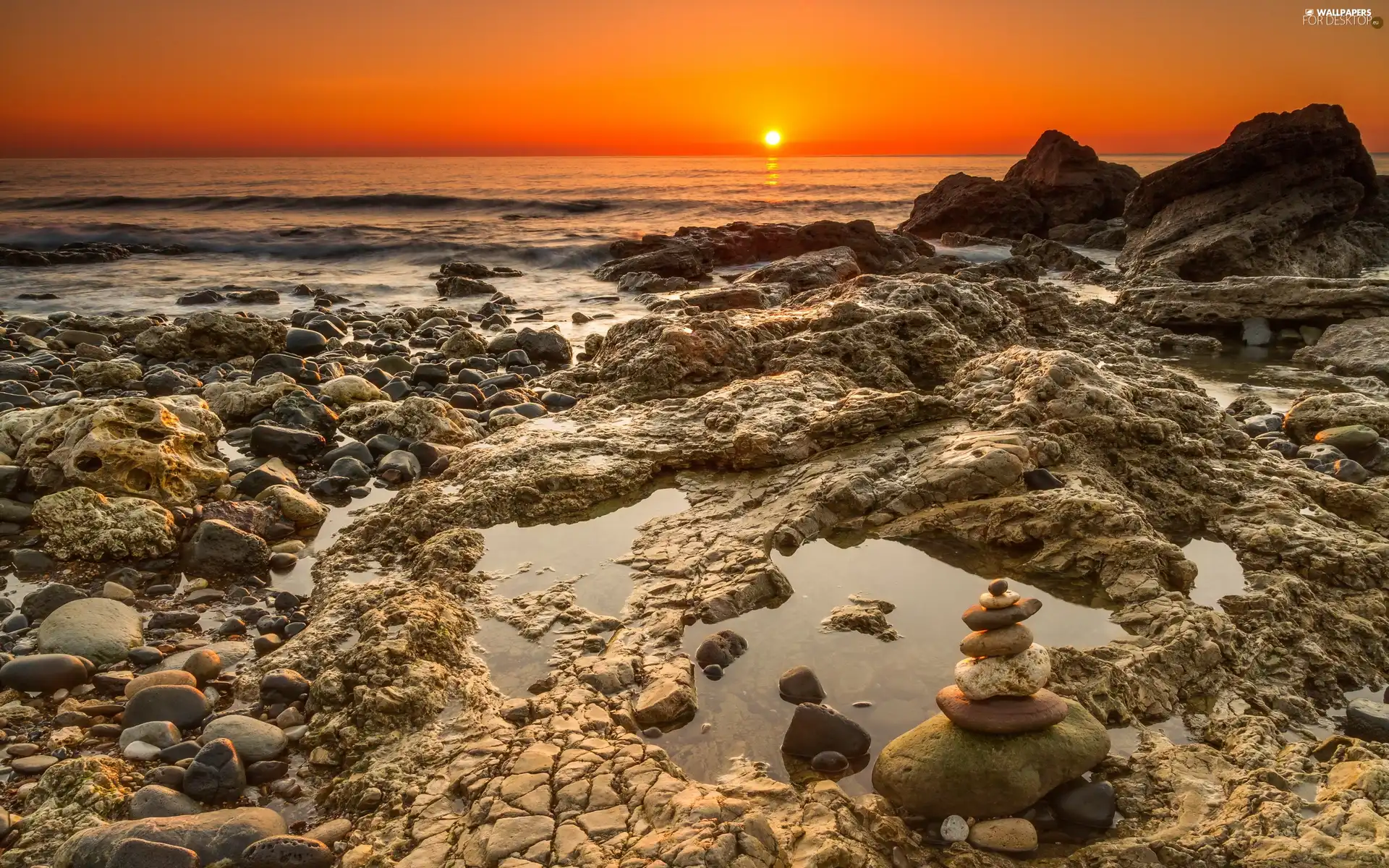 sea, west, sun, Stones