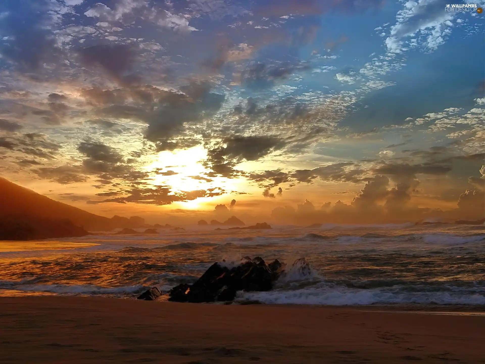 sea, west, sun, Waves