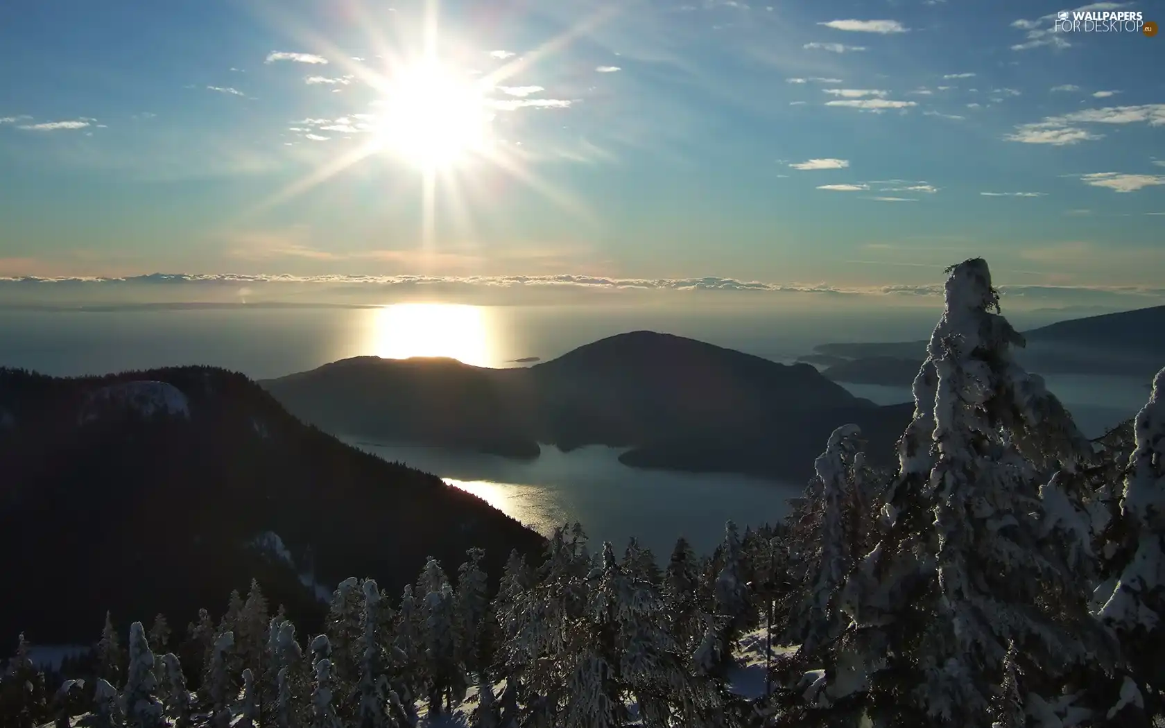 sun, winter, Mountains, rays, sea