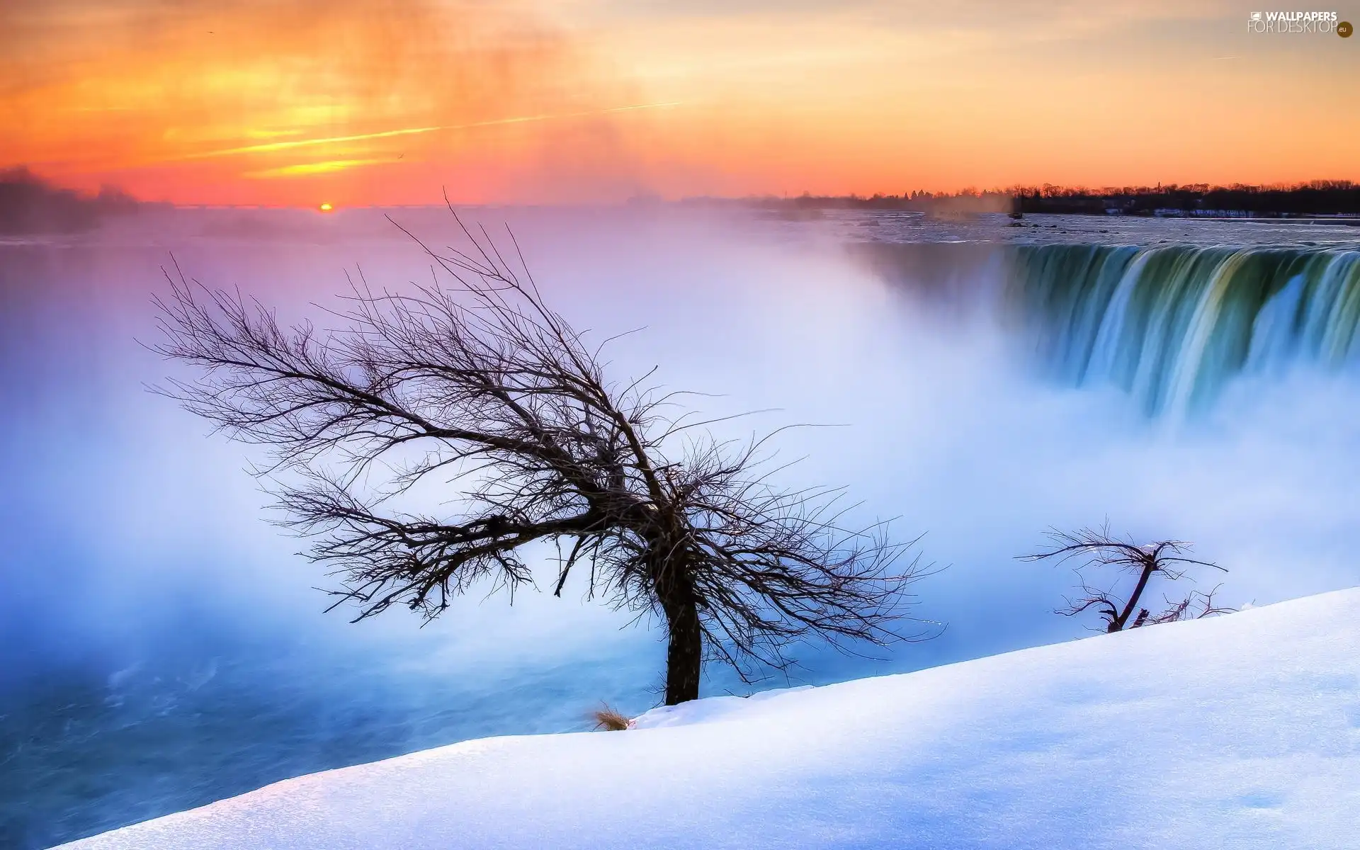 sun, winter, trees, east, waterfall