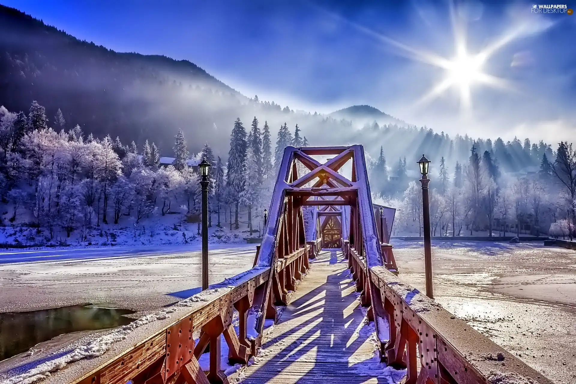 bridge, winter, Sunrise, River