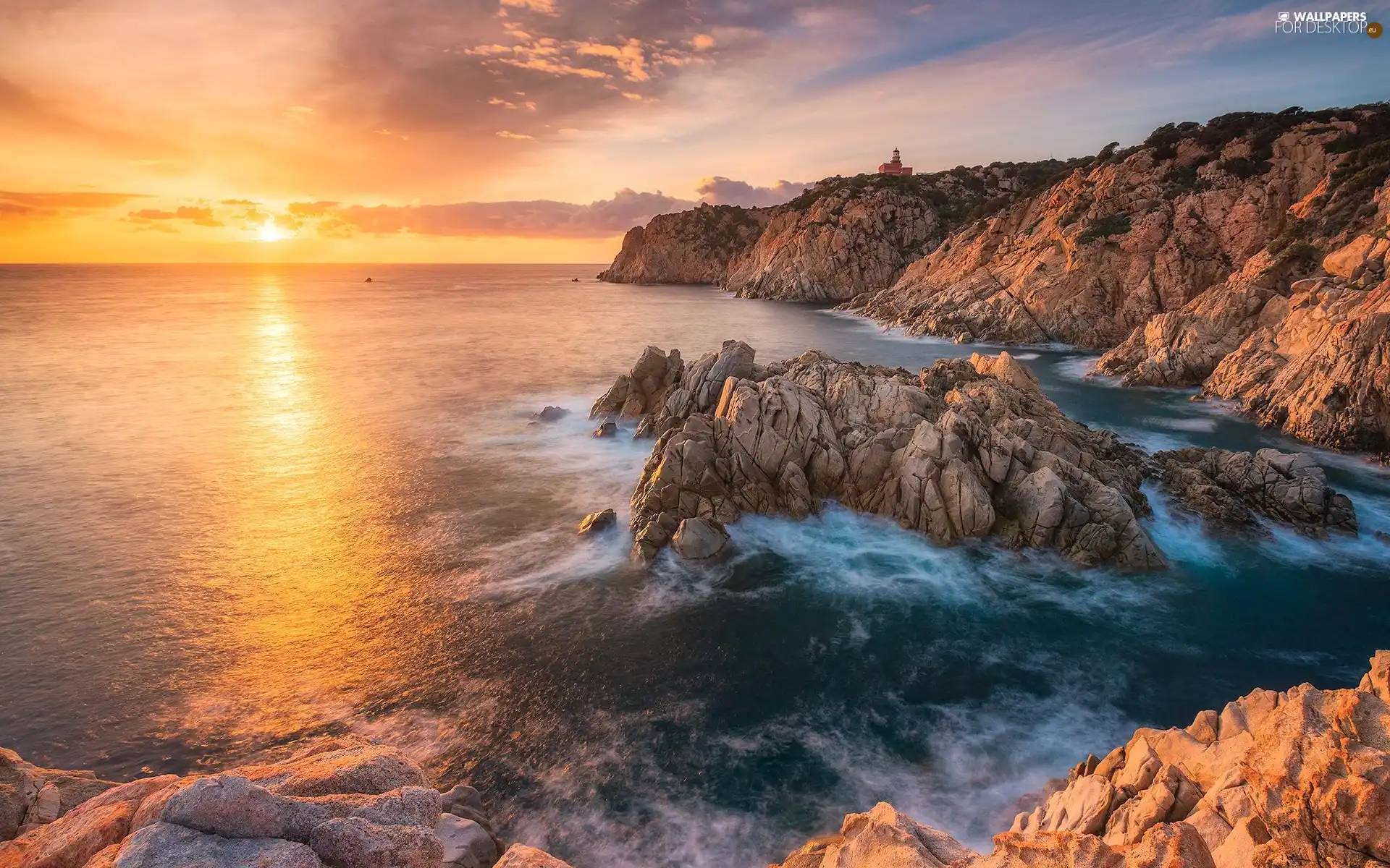 Coast, rocks, Sardynia, Lighthouses, sea, Sunrise, Italy