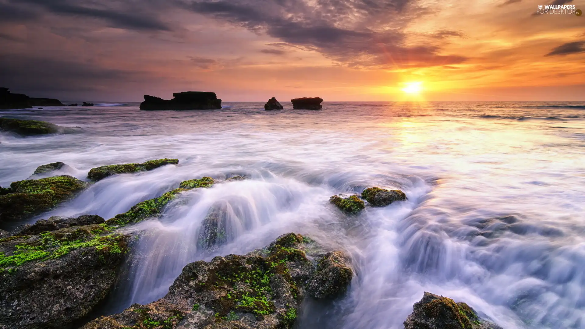 sea, indonesia, Great Sunsets, clouds, rocks, Bali Island