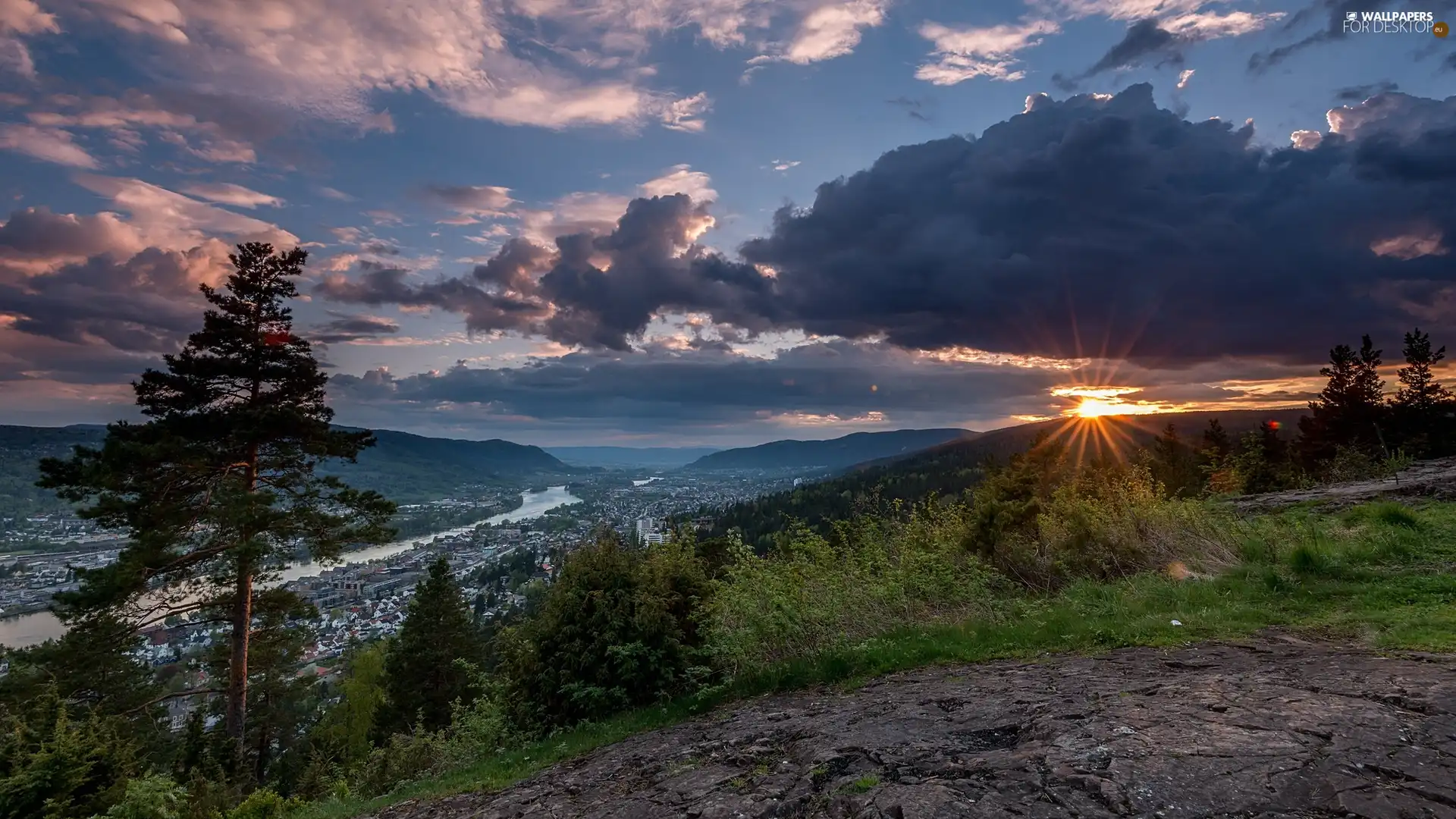 trees, Norway, clouds, Mountains, Drammen, viewes, Great Sunsets