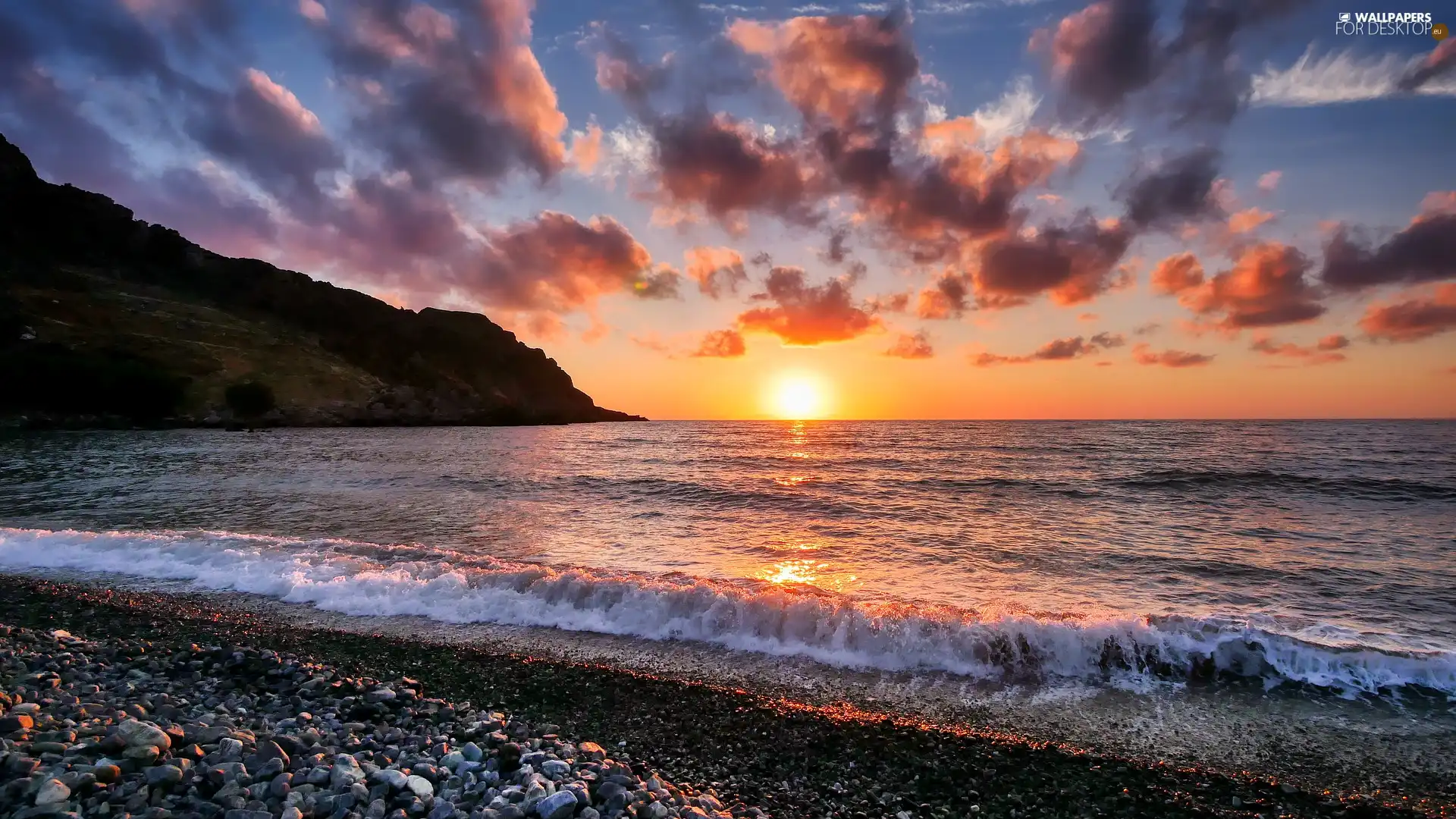 clouds, Mountains, Great Sunsets, evening, sea