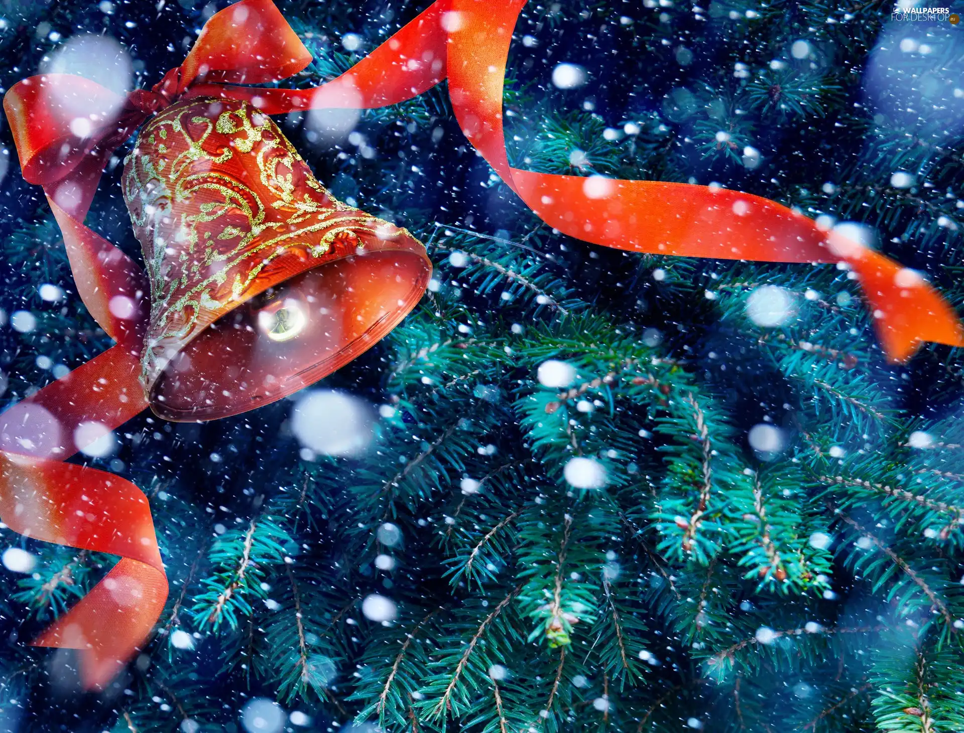 Swierk, snow, bell, Twigs, festive