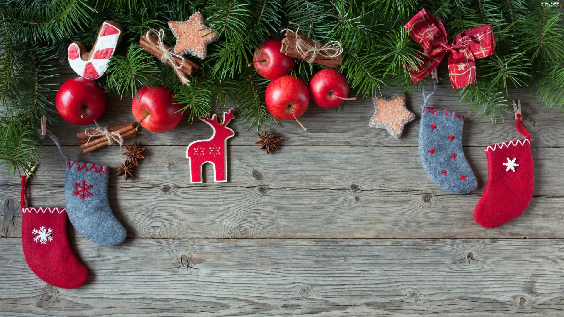 Twigs, Swierk, reindeer, apples, Stars, Christmas, composition, socks