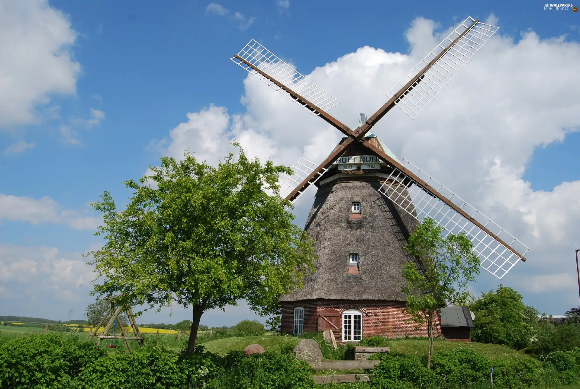 Windmill, viewes, Swing, trees