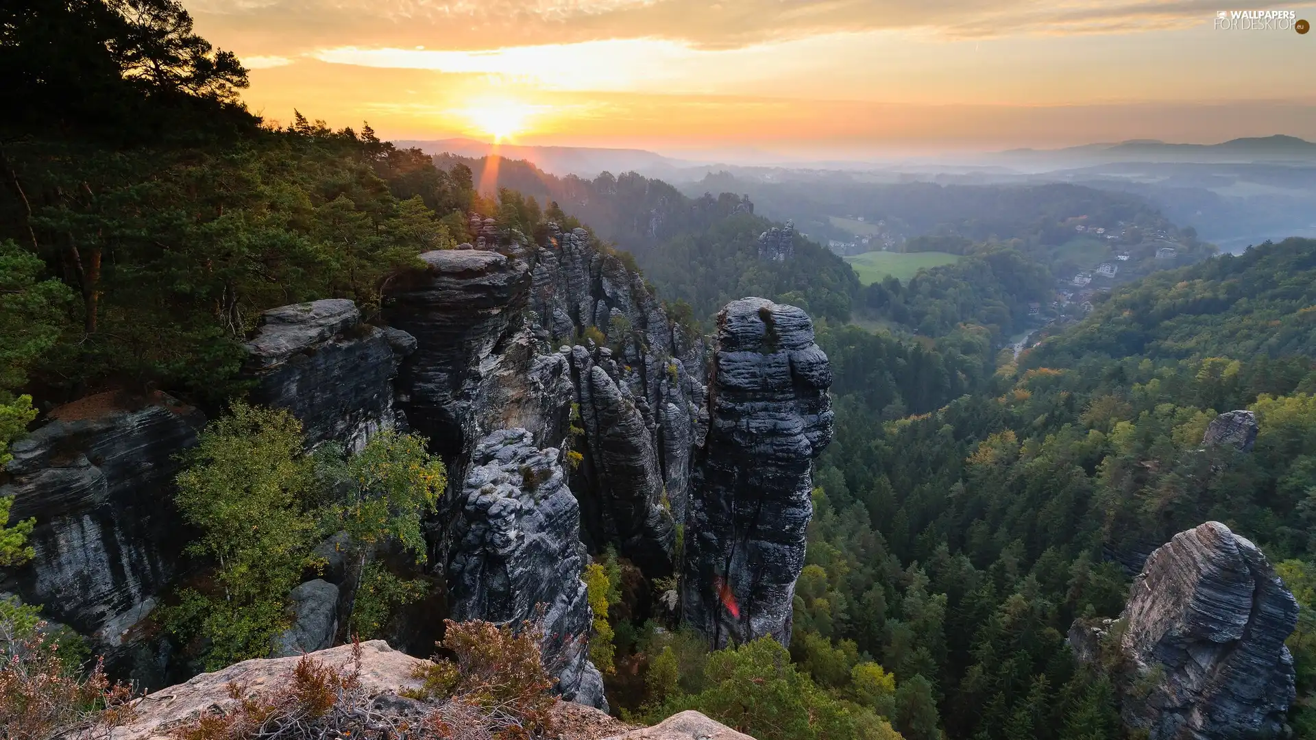 viewes, rocks, Saxon Switzerland National Park, trees, Děčínská vrchovina, Great Sunsets, Germany