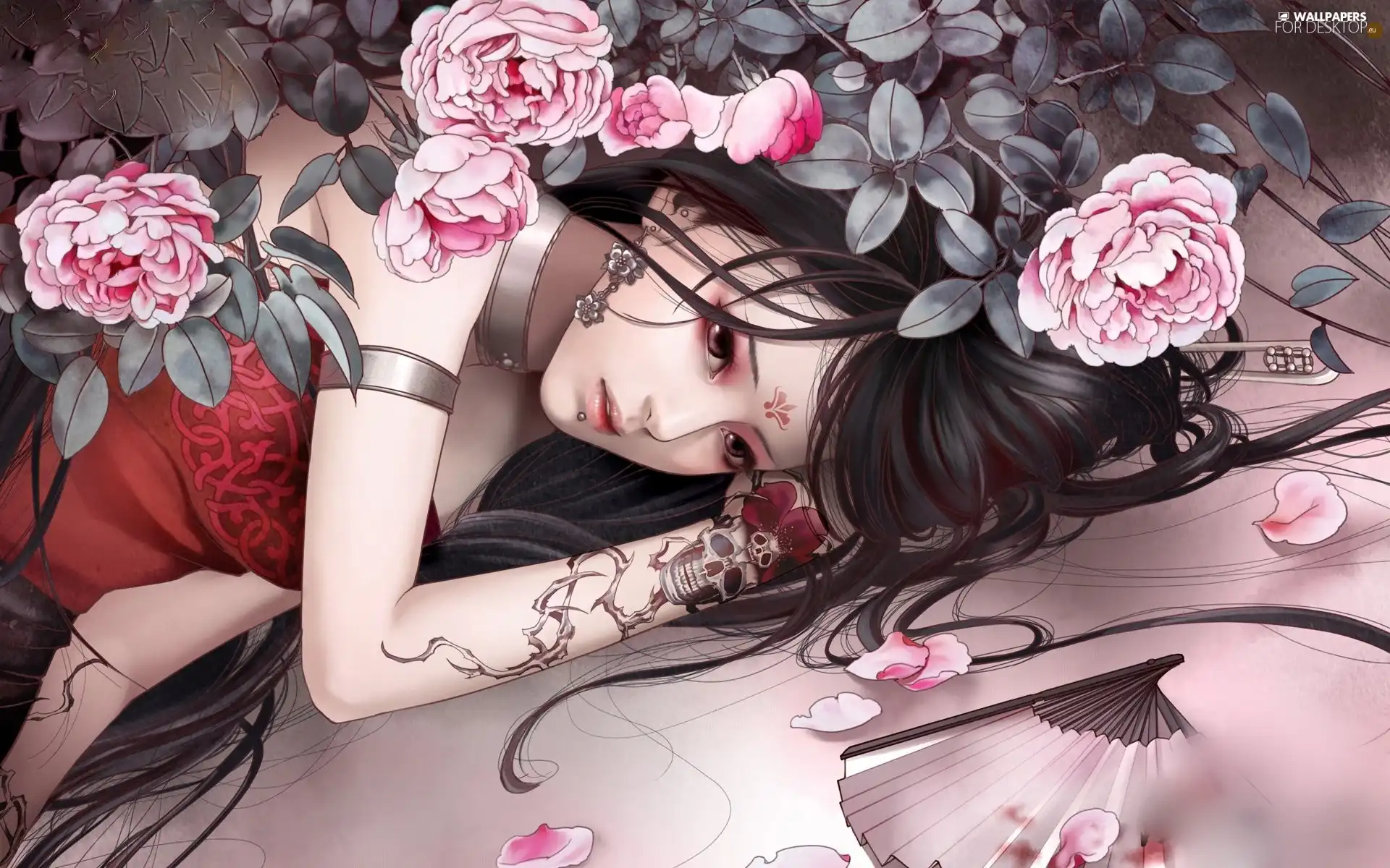 Tattoo, girl, Flowers