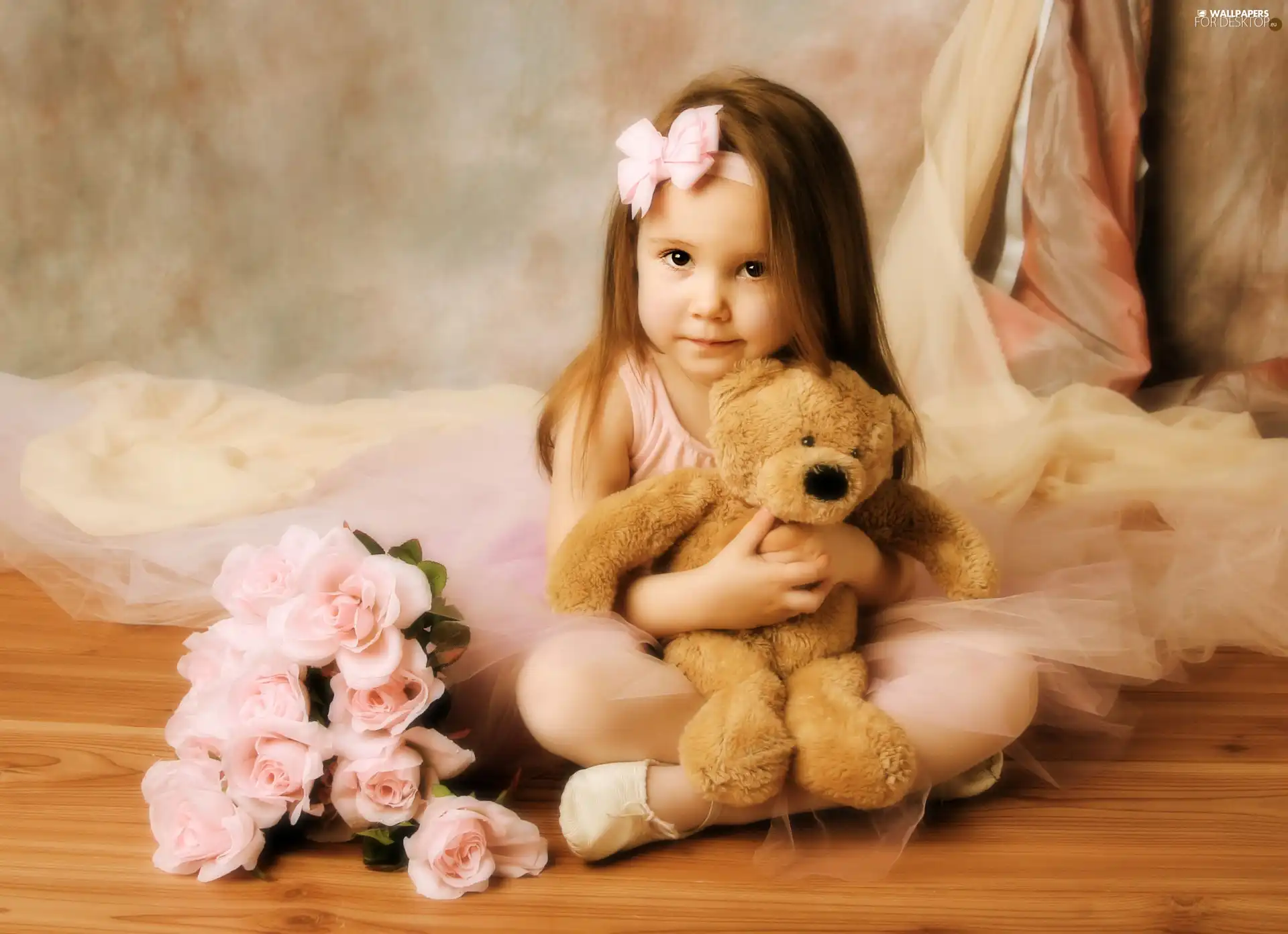 roses, girl, teddy bear