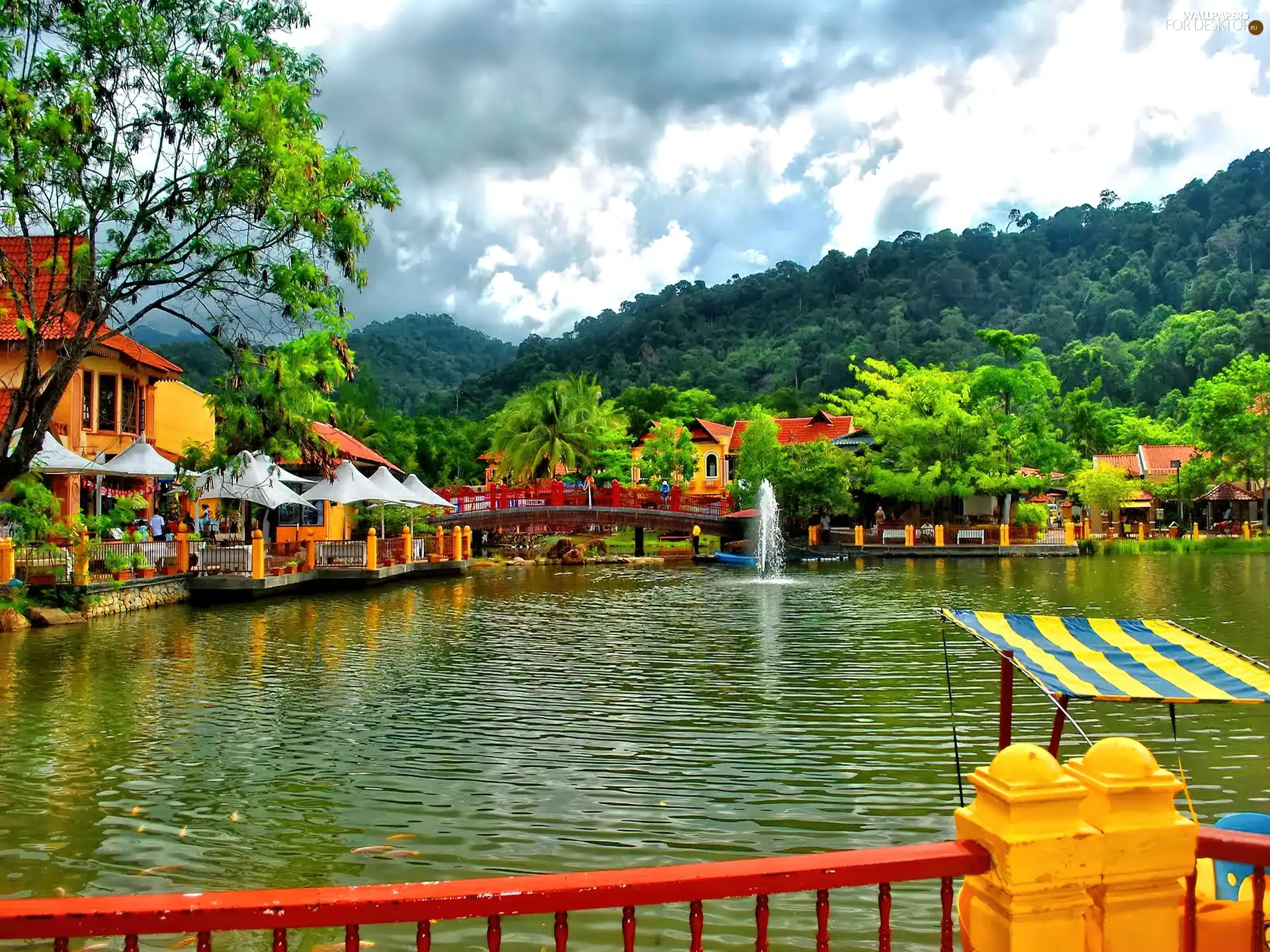 Mountains, Restaurant, terrace, lake