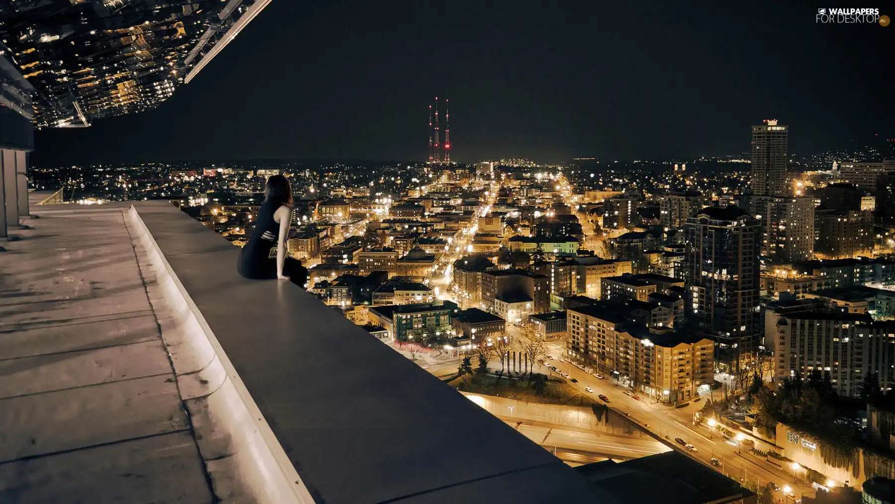 the roof, girl, illuminated, night, Town