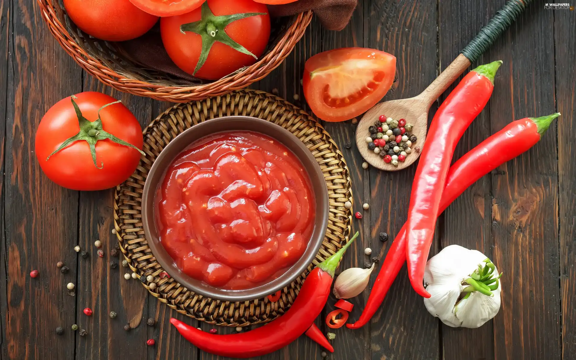 tomato, Pomace, tomatoes, garlic, Wooden, bucket, pepper, plate, pepper