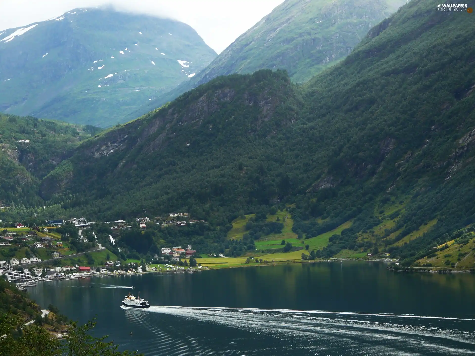 lake, woods, Town, Mountains