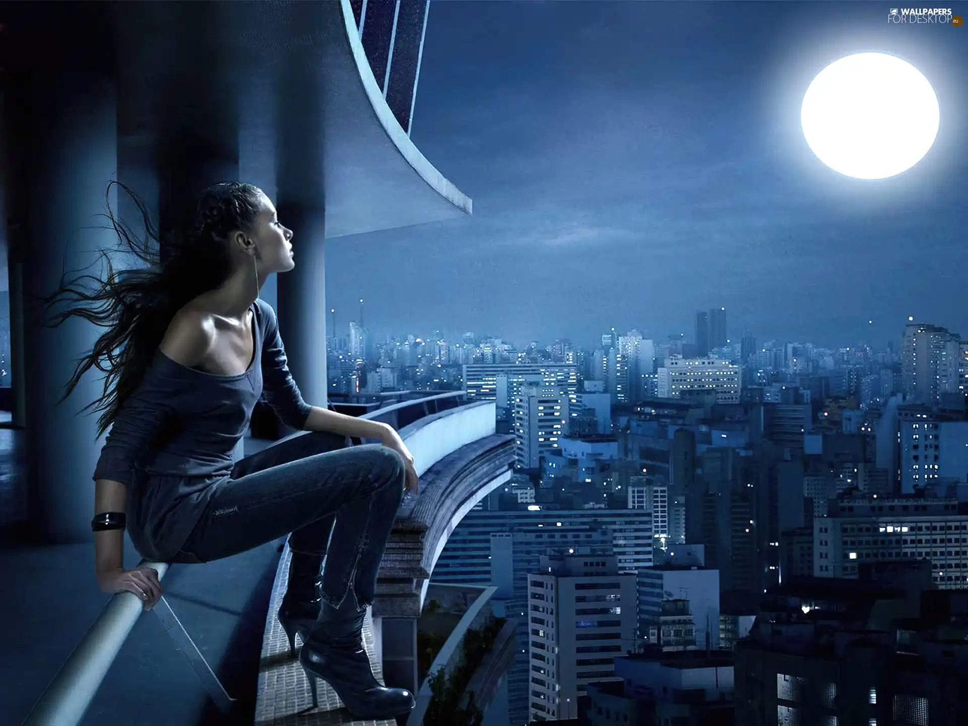 moon, panorama, town, girl