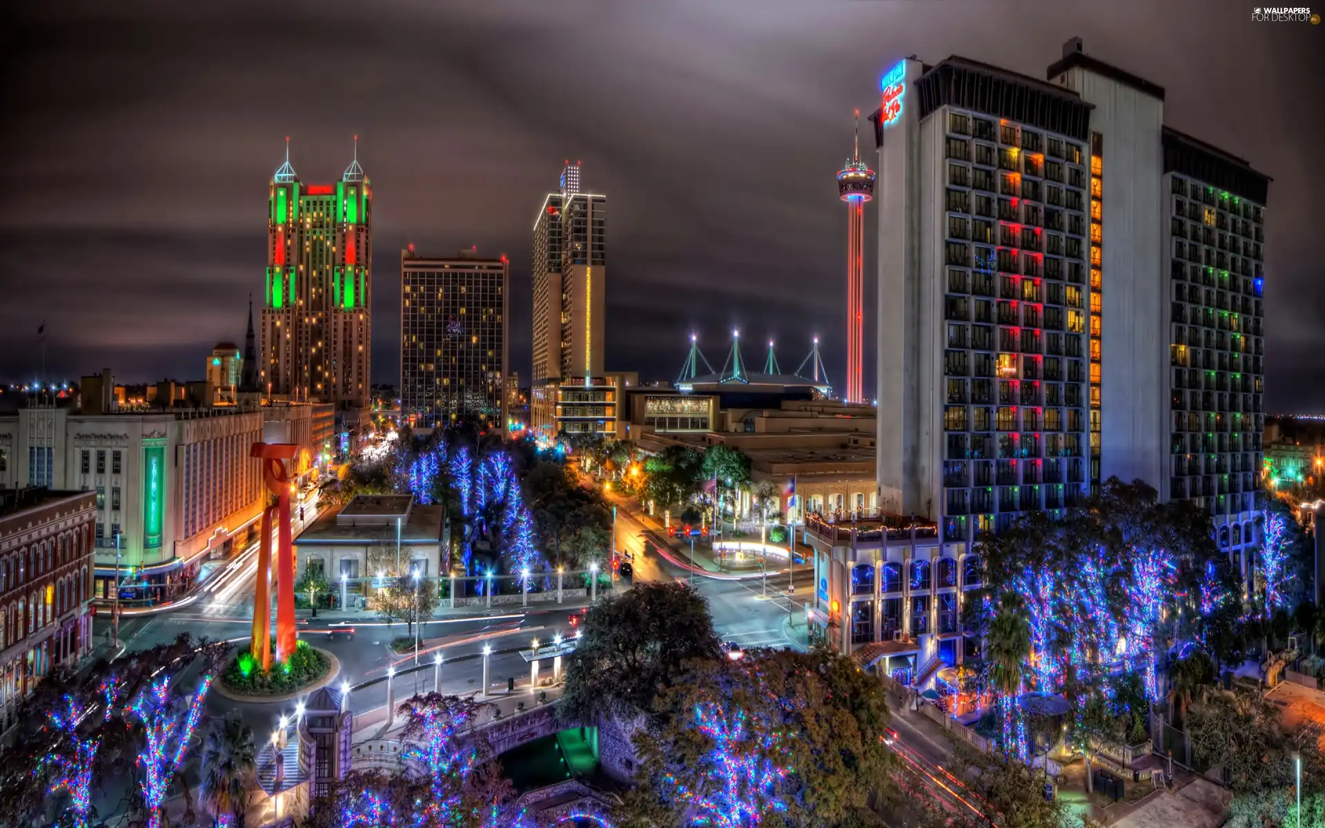 Town, night, clouds, San Antonio, skyscrapers